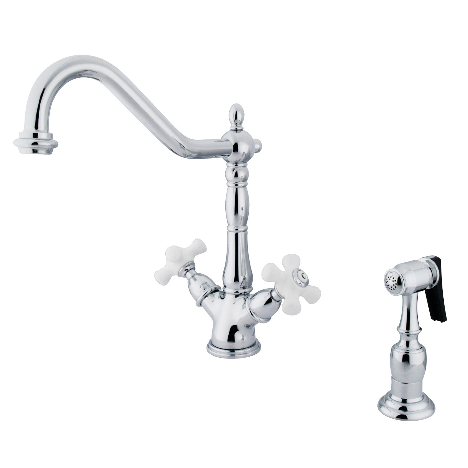 Kingston Heirloom KS1231PXBS - Robinet de cuisine à deux poignées Heritage 2-or-4 avec pulvérisateur en laiton, chrome poli