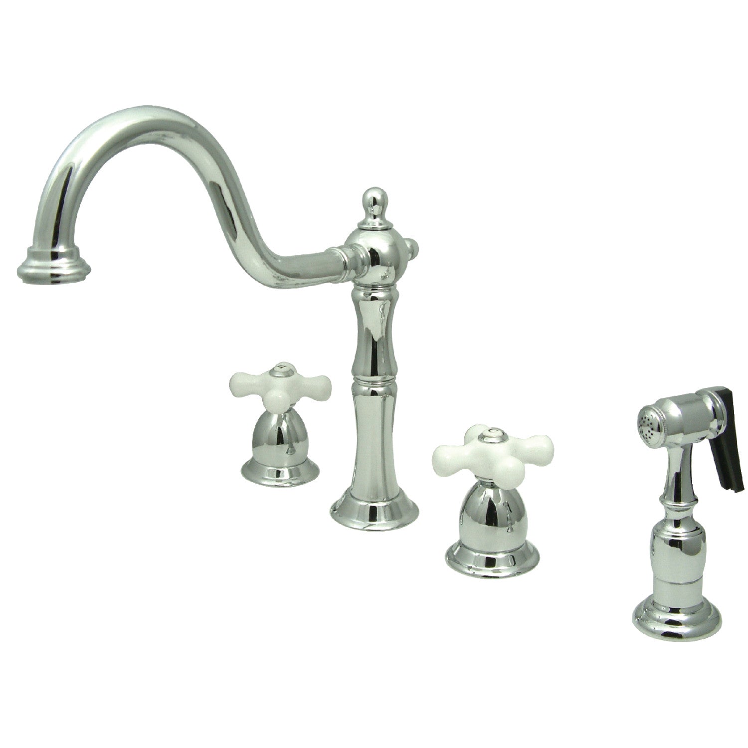 Kingston Heirloom KB1791PXBS - Robinet de cuisine à double poignée Heritage 4 trous avec pulvérisateur en laiton, chrome poli