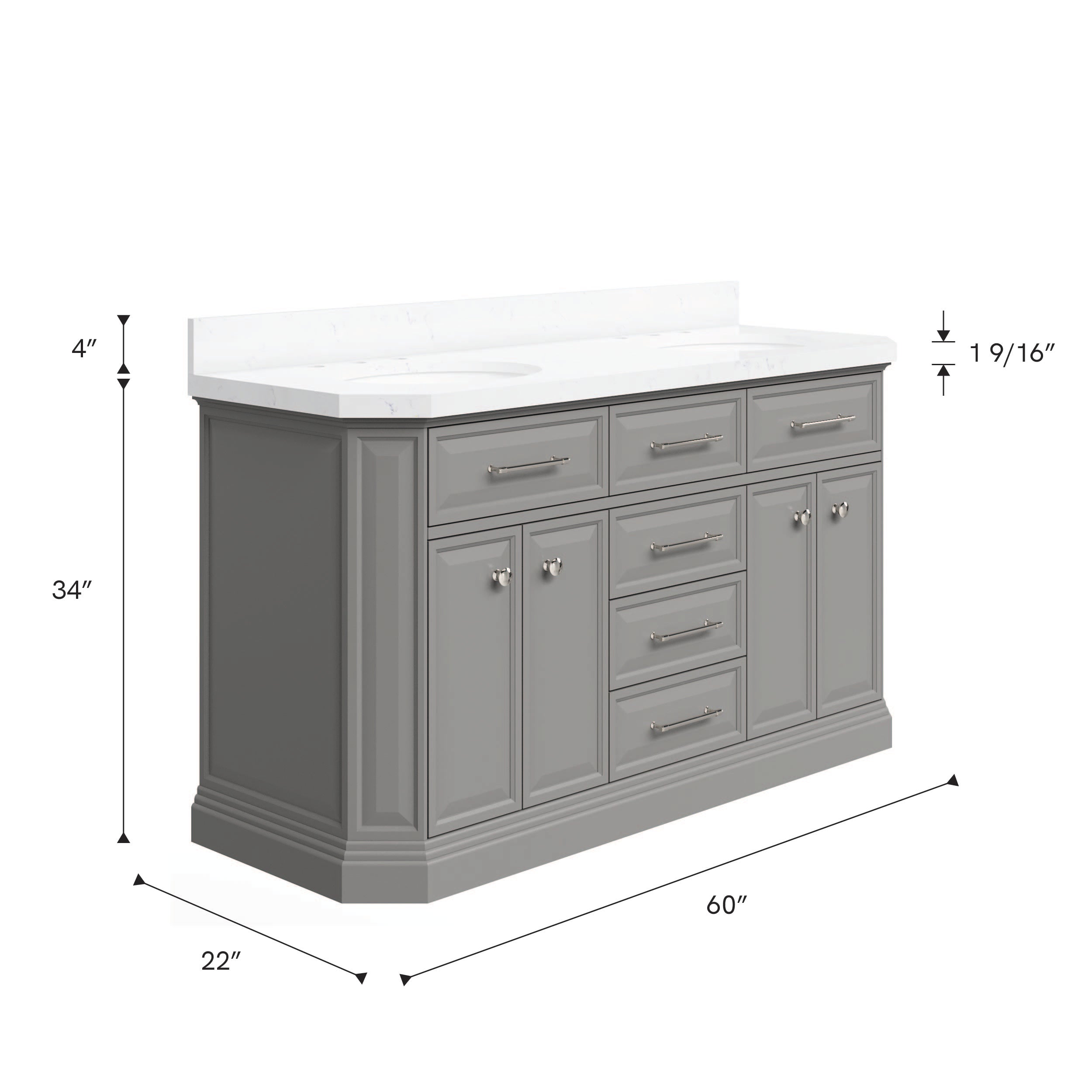 Kingston Luxe PA60QZ05CG - 60 in. x 22 in. Bathroom Vanity Quartz Top and White Basin, Cashmere Grey