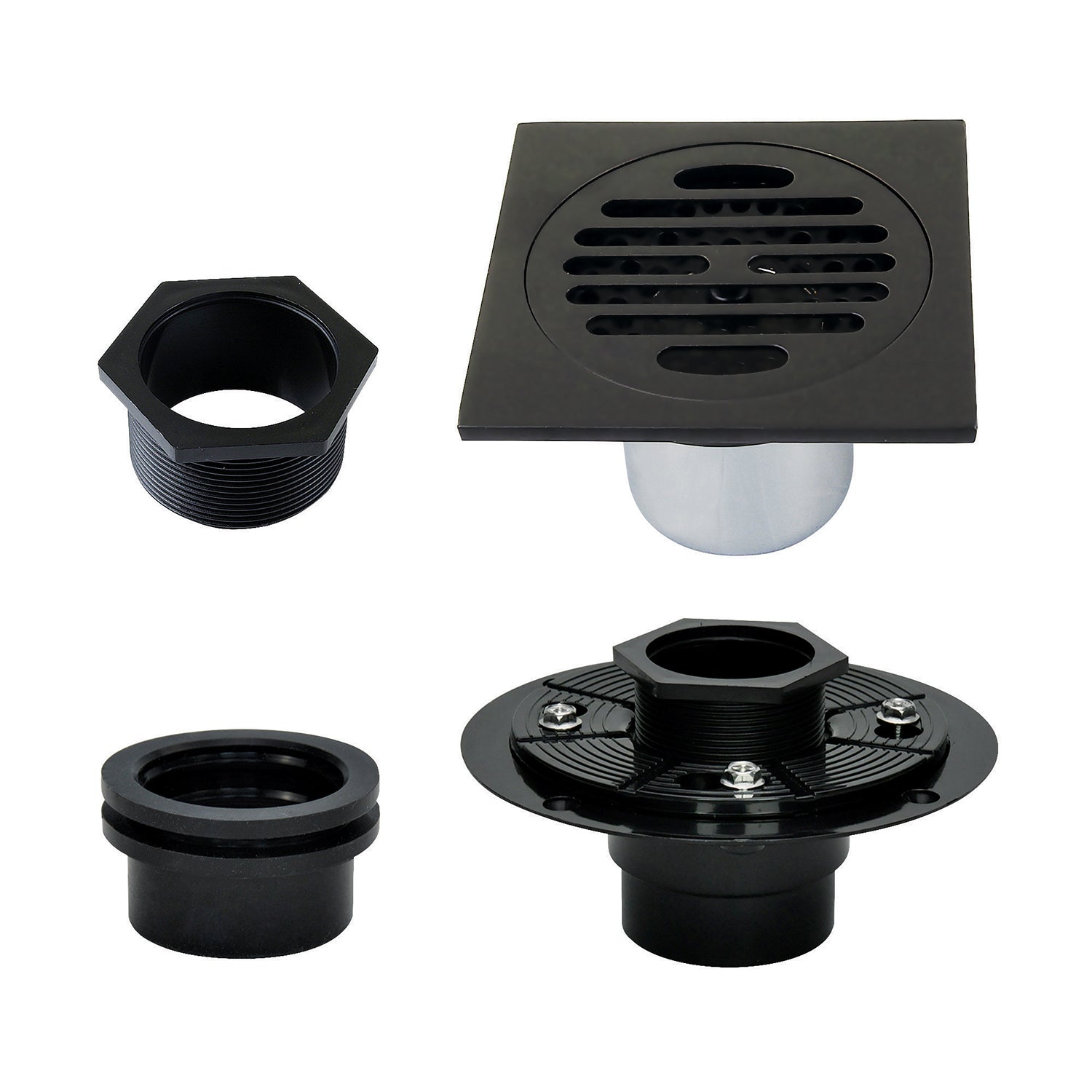 Kingston Watercourse BSFK4262MB 4-Inch Brass Square Grid Shower Drain with Hair Strainer and Base Flange, Matte Black
