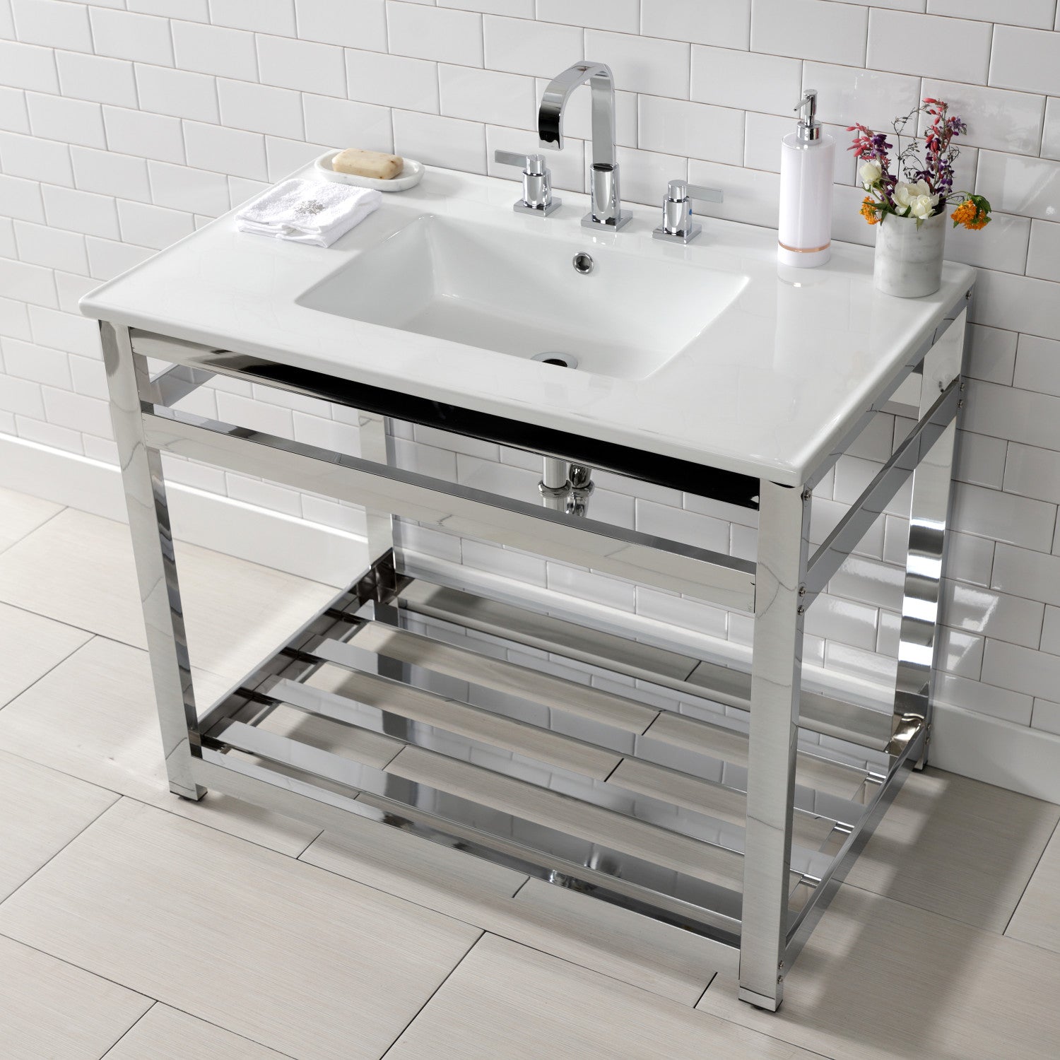 Kingston Quadras VWP3722W8A1 37-Inch Ceramic Console Sink with Steel Base and Shelf (8-Inch, 3-Hole), White/Polished Chrome