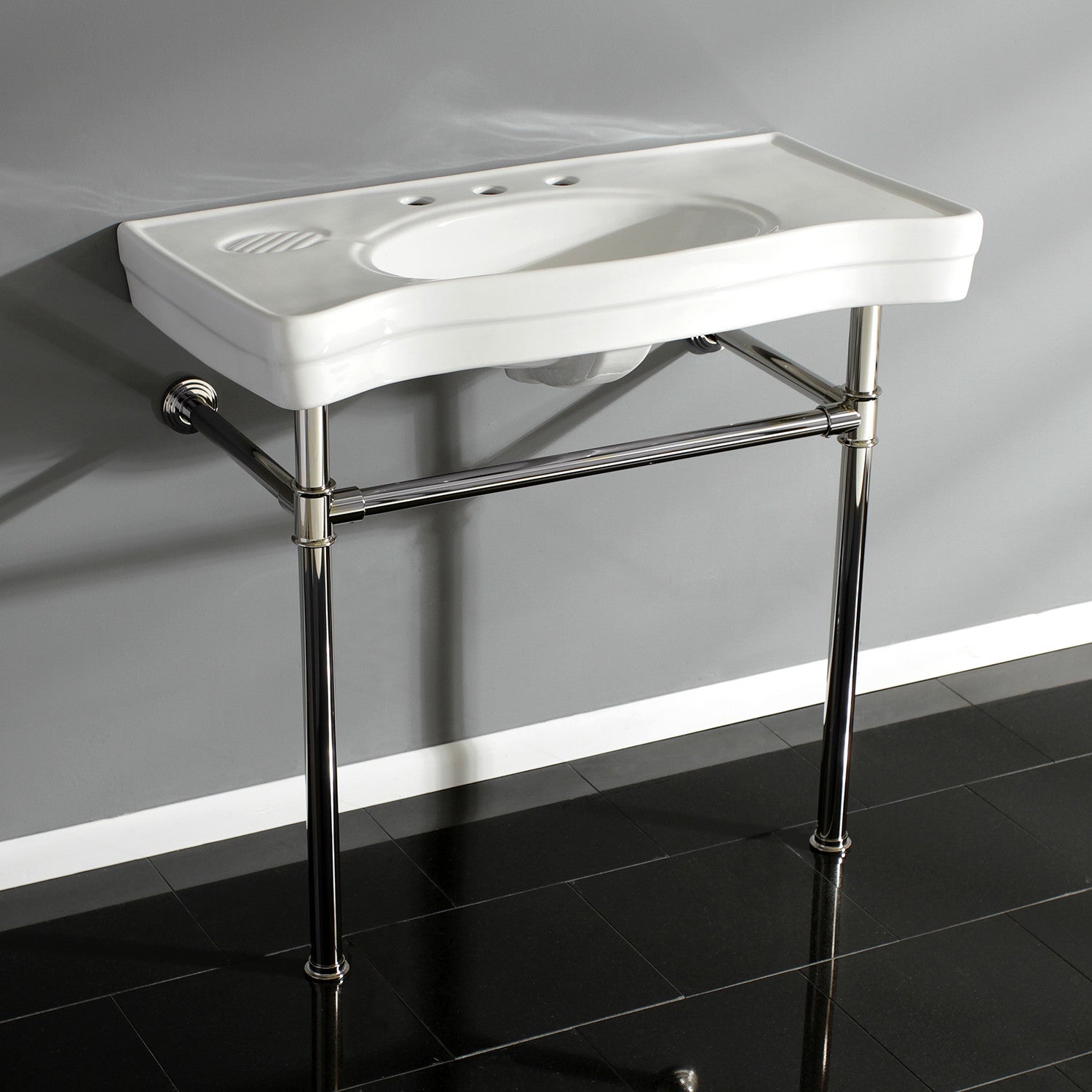 Kingston Tulare VPB1366ST - Imperial 36-Inch Ceramic Console Sink with Stainless Steel Legs (8-Inch, 3-Hole), White/Polished Nickel