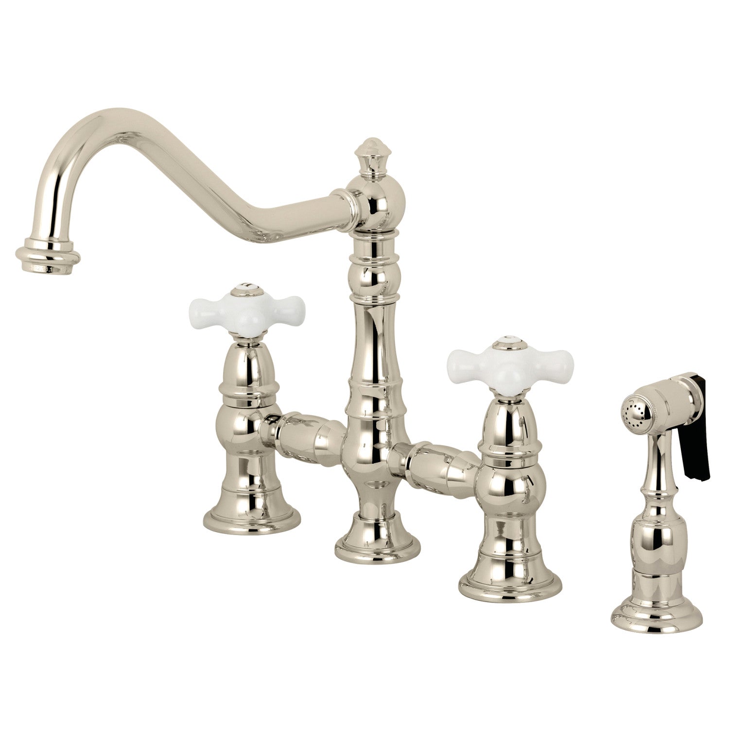 Kingston Heirloom KS3276PXBS - Robinet de cuisine à deux poignées 4 trous montage sur plage Bridge avec pulvérisateur en laiton, nickel poli
