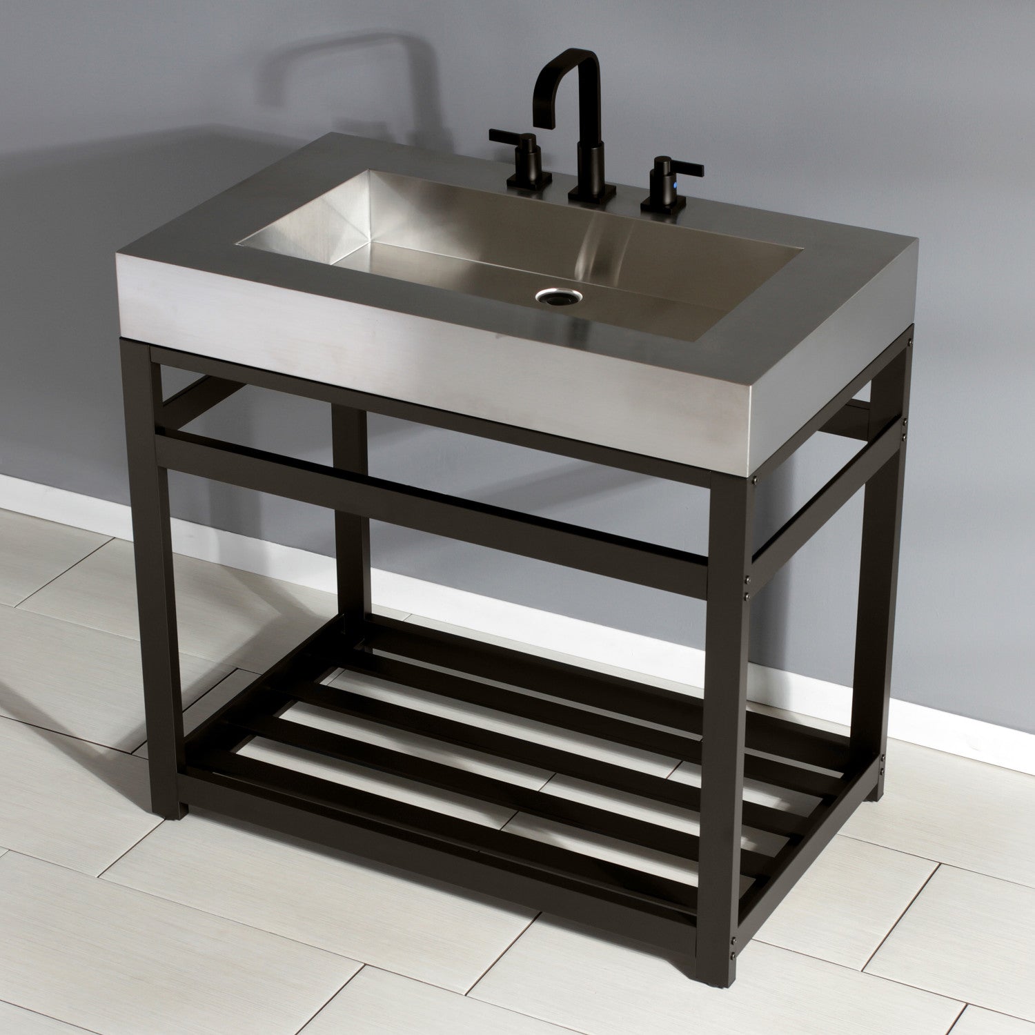 Kingston Kingston Commercial KVSP3722A5 37-Inch Stainless Steel Console Sink with Steel Base and Glass Shelf (8-Inch, 3-Hole), Brushed Stainless Steel/Oil Rubbed Bronze