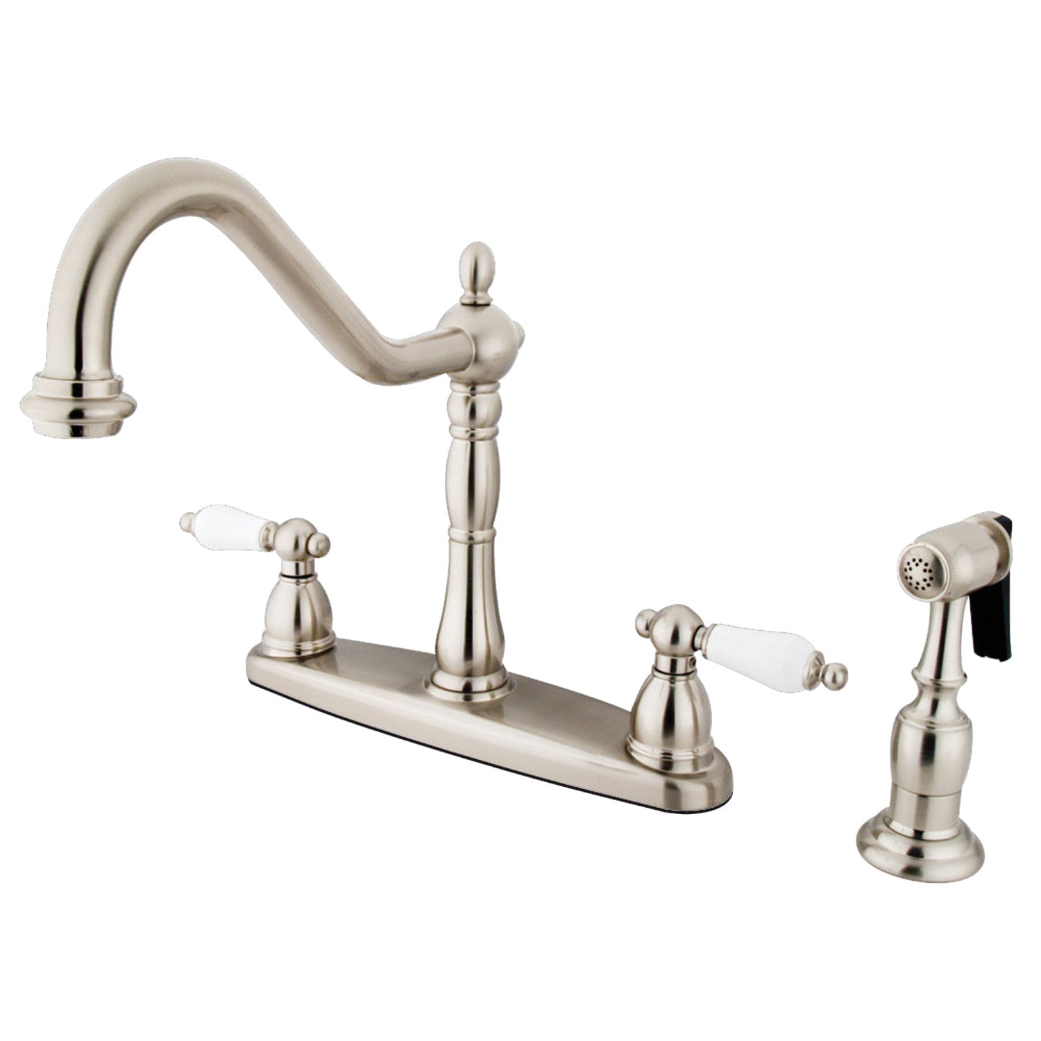 Kingston Heirloom KB1758PLBS - Robinet de cuisine central à deux poignées Heritage 4 trous 8" avec pulvérisateur en laiton, nickel brossé