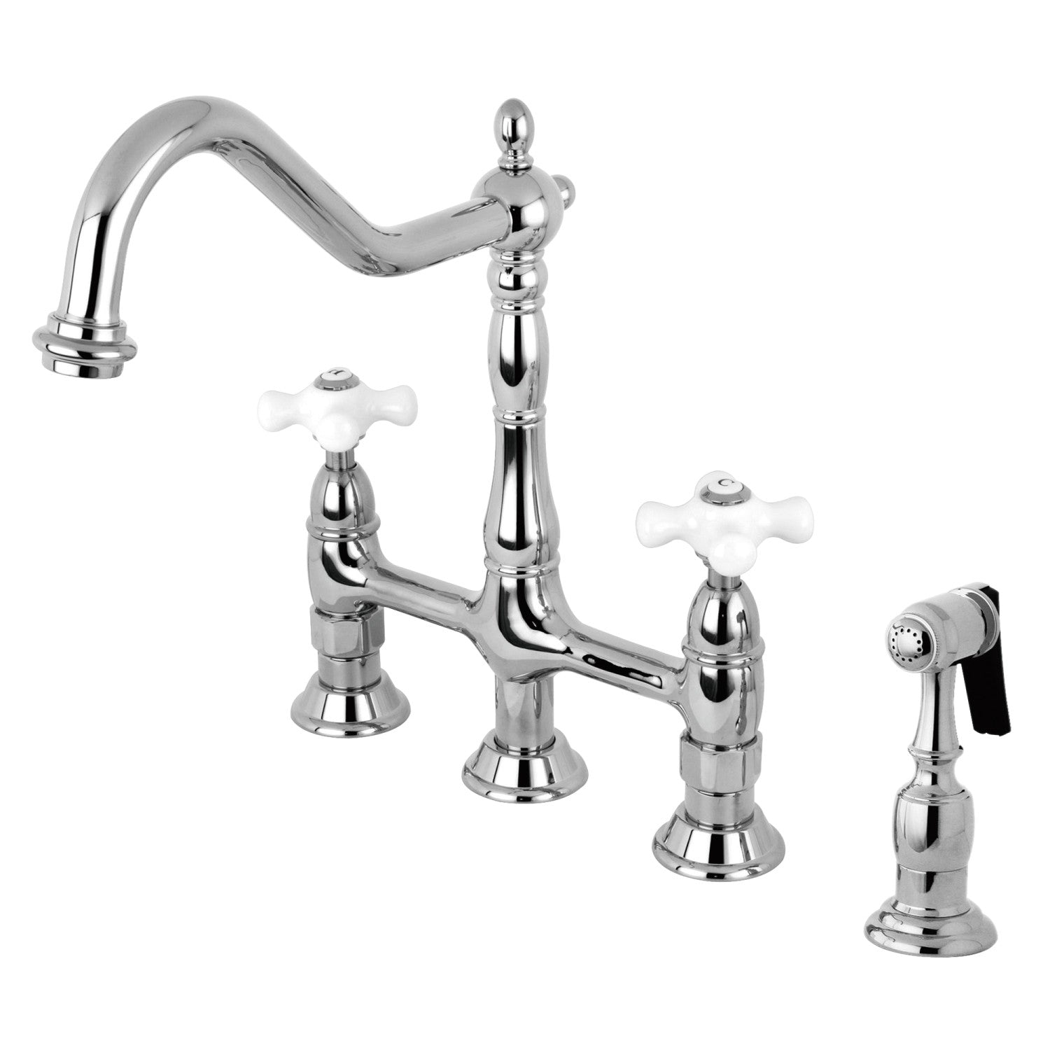 Kingston Heirloom KS1271PXBS - Heritage Two-Handle 4-Hole Deck Mount Bridge Kitchen Faucet with Brass Sprayer, Polished Chrome