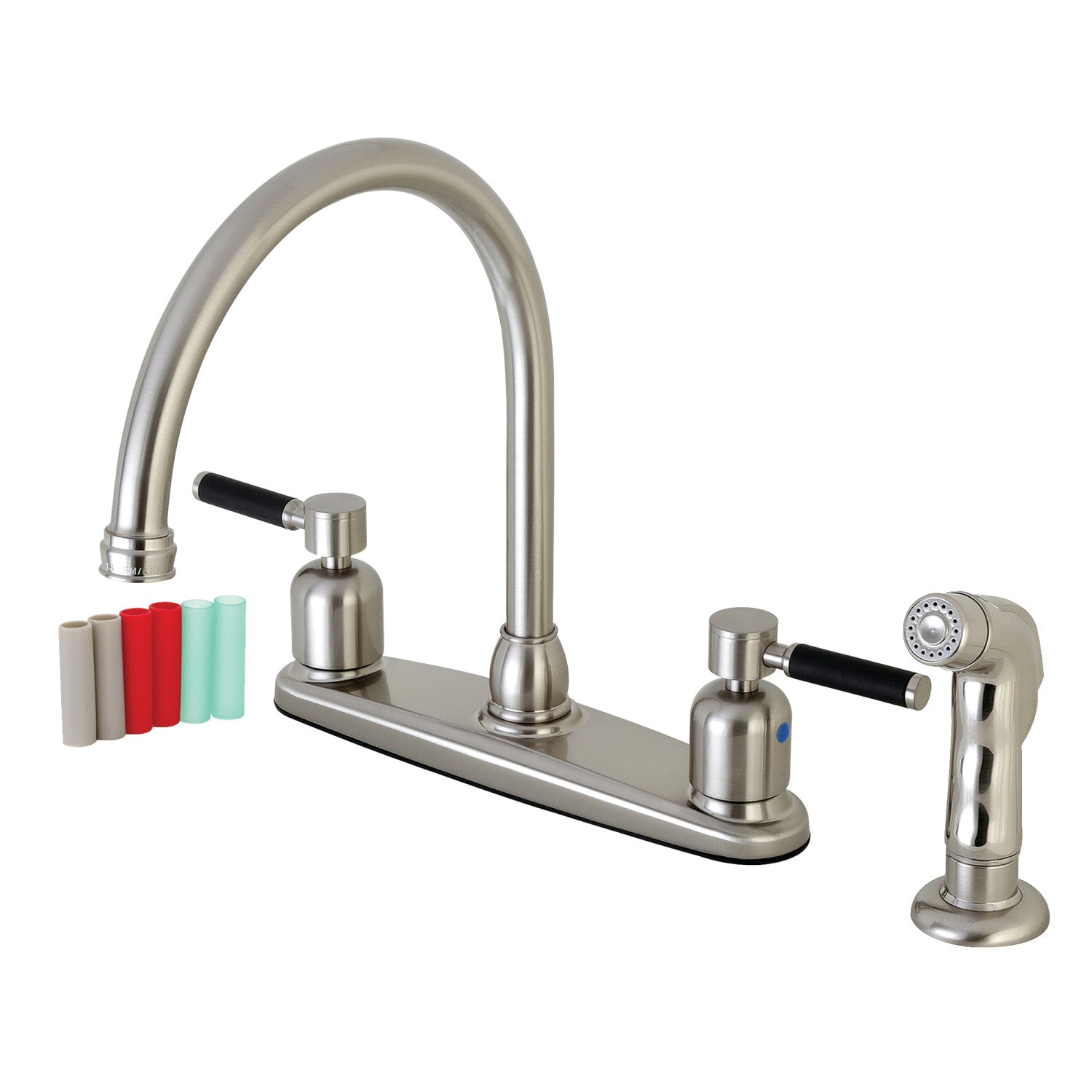 Kingston Tulare FB798DKLSP - Robinet de cuisine central Kaiser à deux poignées 4 trous 8" avec pulvérisateur latéral, nickel brossé