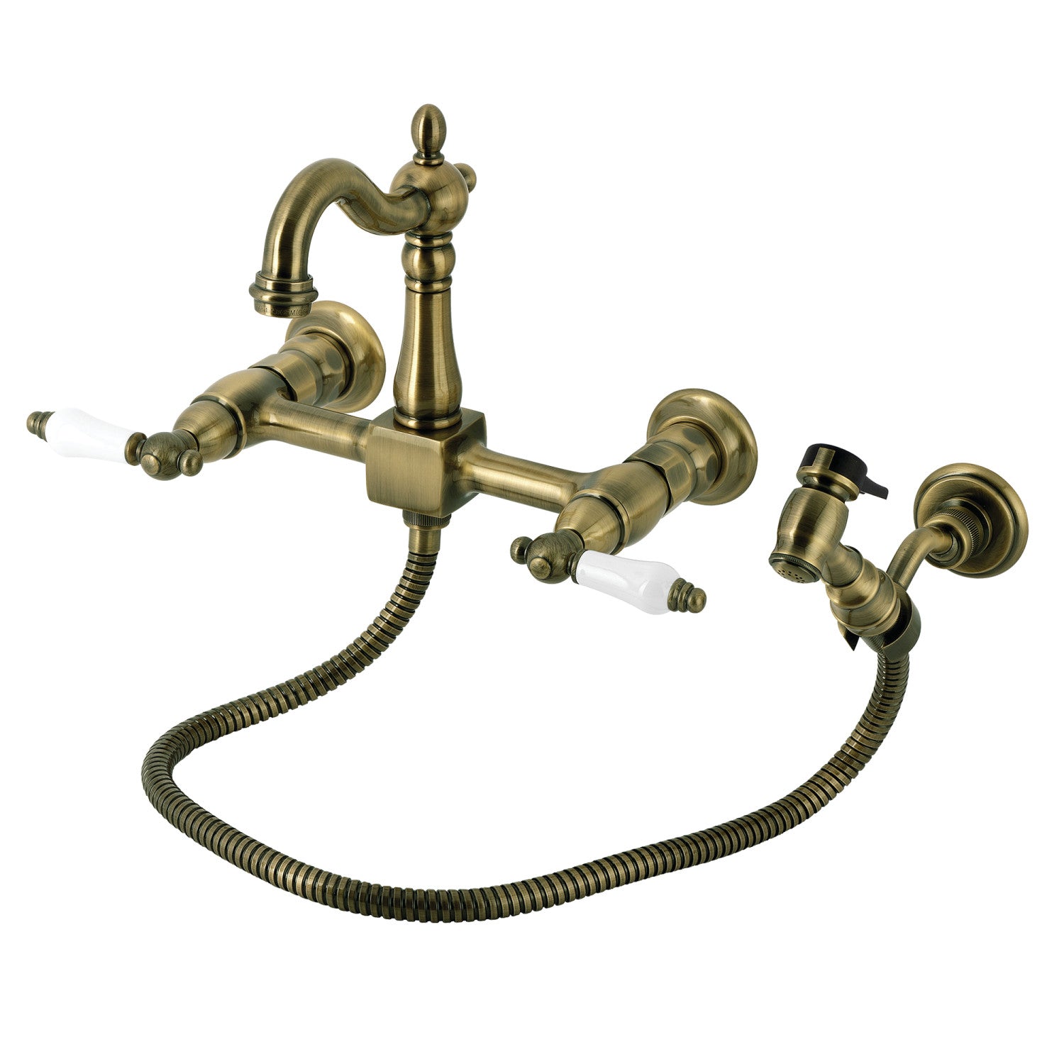 Kingston Heirloom KS2443PLBS - Robinet de cuisine à double poignée Heritage 3 trous Wall Mount Bridge avec pulvérisateur en laiton, laiton antique