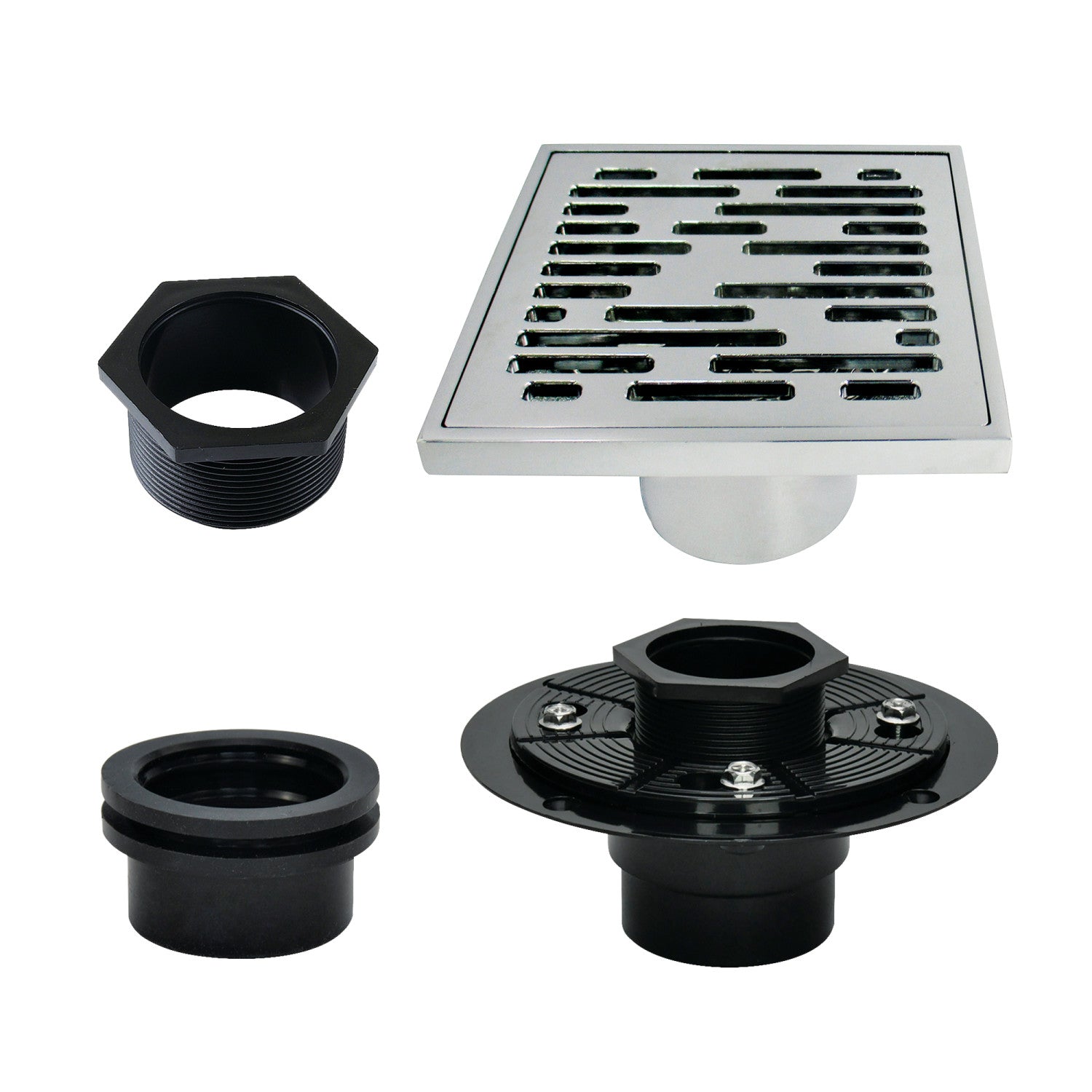 Kingston Watercourse BSFK6310C 4-Inch Brass Square Grid Shower Drain with Hair Strainer and Base Flange, Polished Chrome