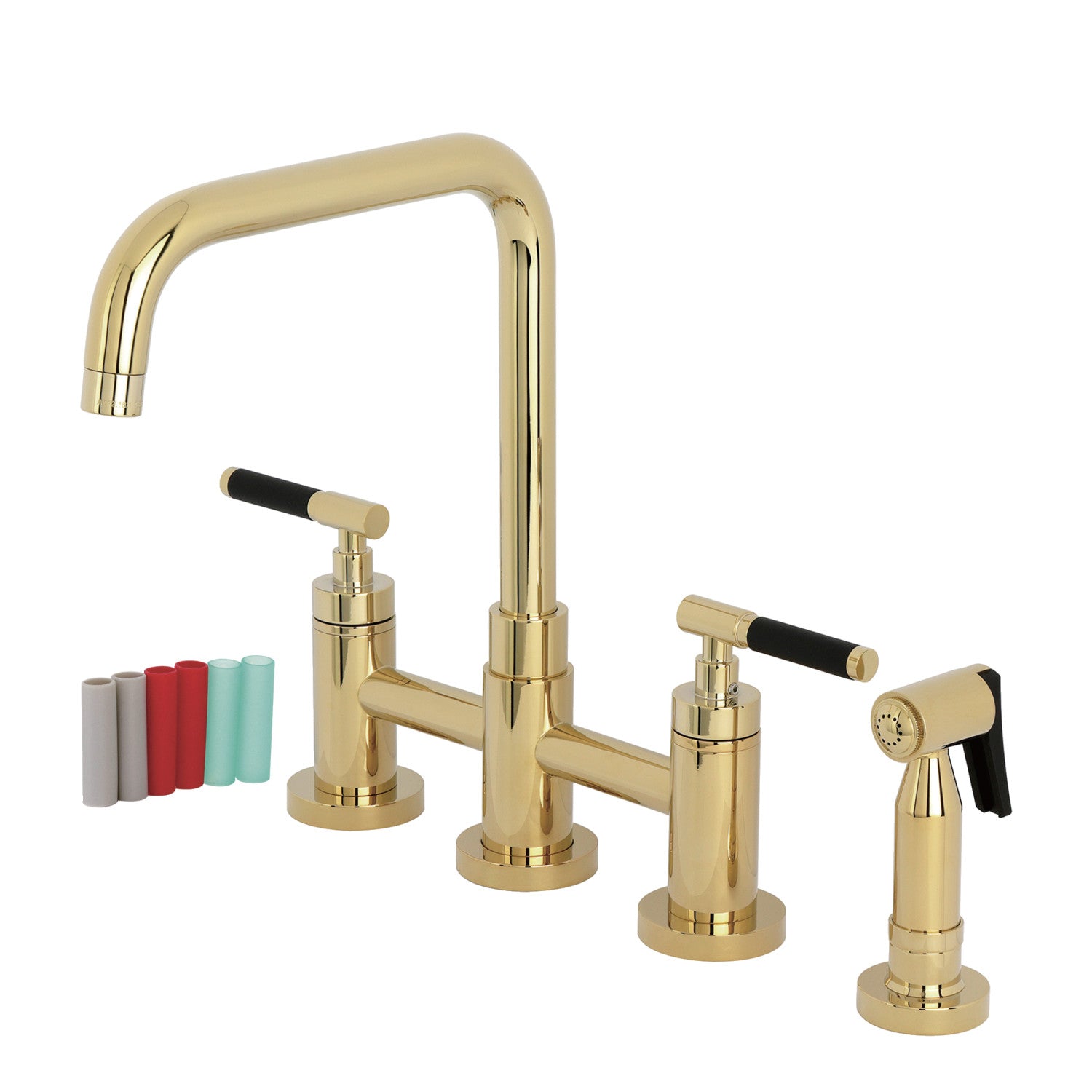 Kingston Sona KS8282CKLBS - Robinet de cuisine à deux poignées Kaiser 4 trous Mount Bridge avec pulvérisateur en laiton, laiton poli