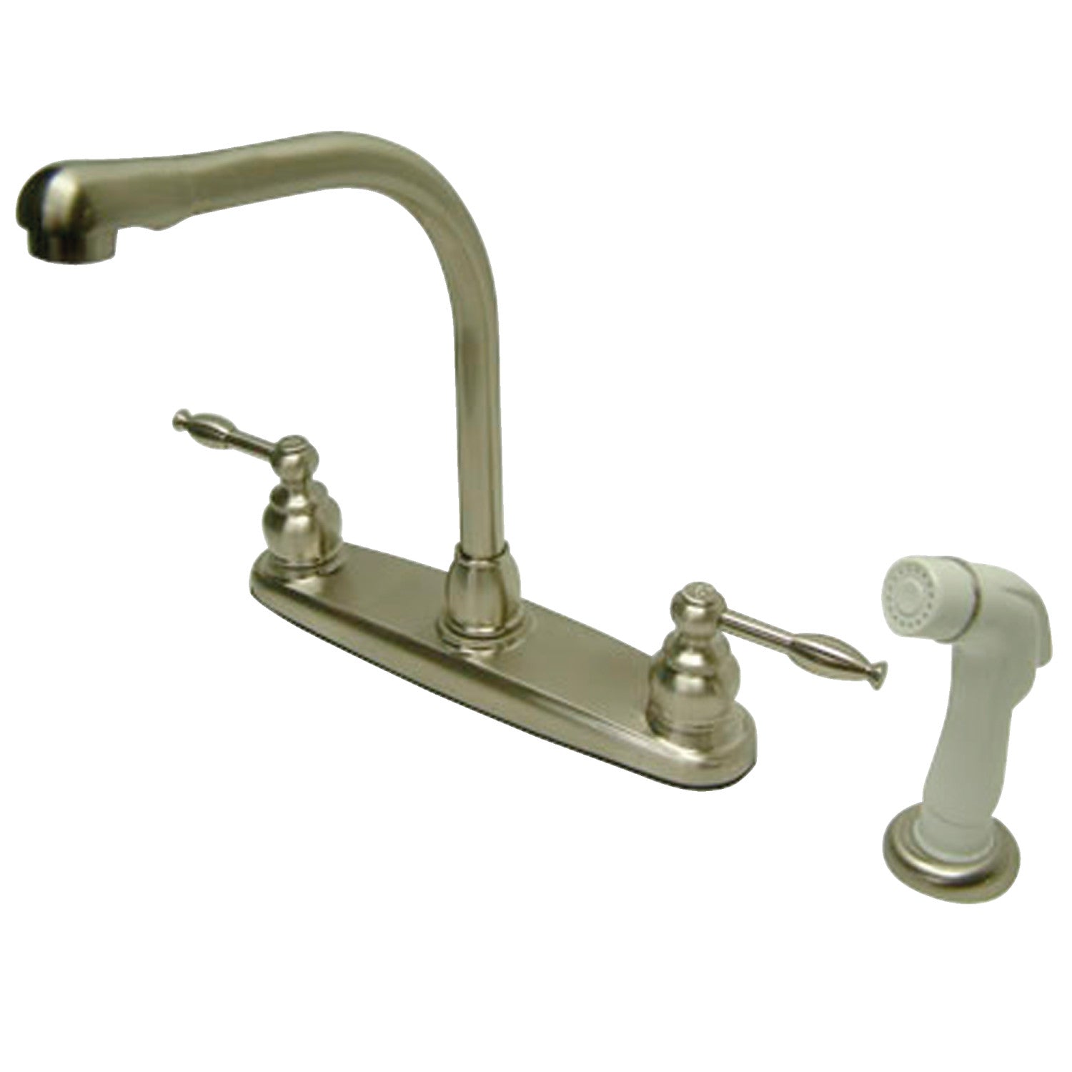 Kingston Tulare KB2758KL - Robinet de cuisine central à deux poignées Knight 4 trous 8" avec pulvérisateur latéral, nickel brossé