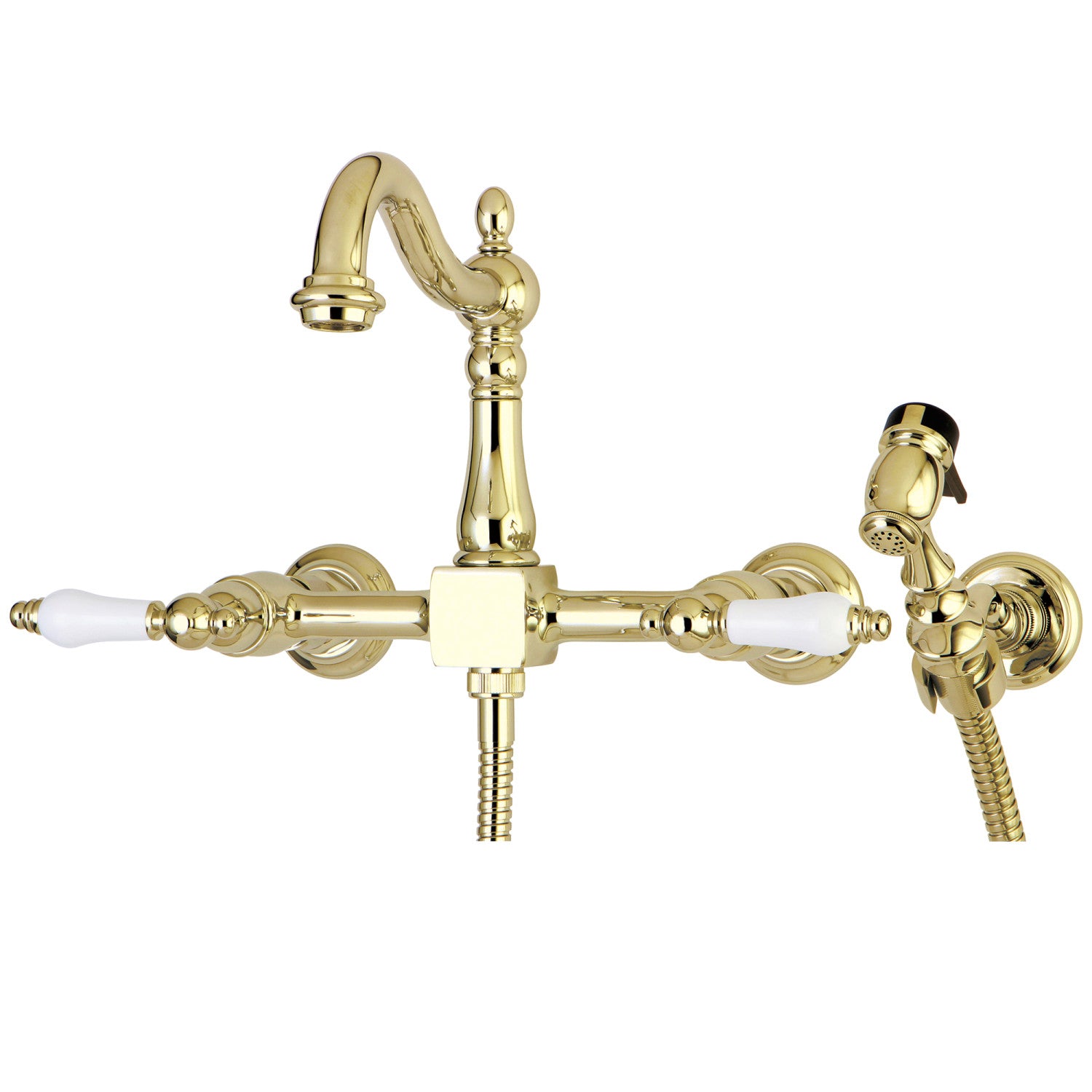Kingston Heirloom KS1262PLBS - Robinet de cuisine à double poignée Heritage 3 trous Wall Mount Bridge avec pulvérisateur en laiton, laiton poli