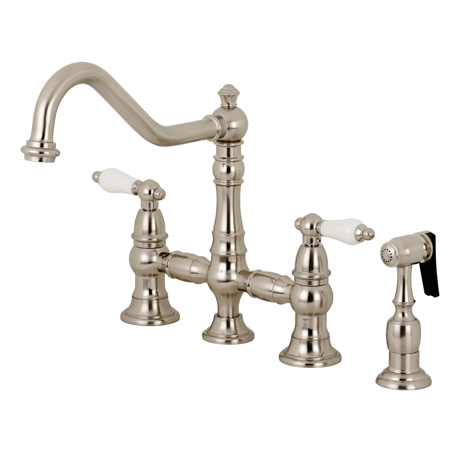 Kingston Heirloom KS3278PLBS - Robinet de cuisine à deux poignées de restauration 4 trous montage sur plage Bridge avec pulvérisateur en laiton, nickel brossé
