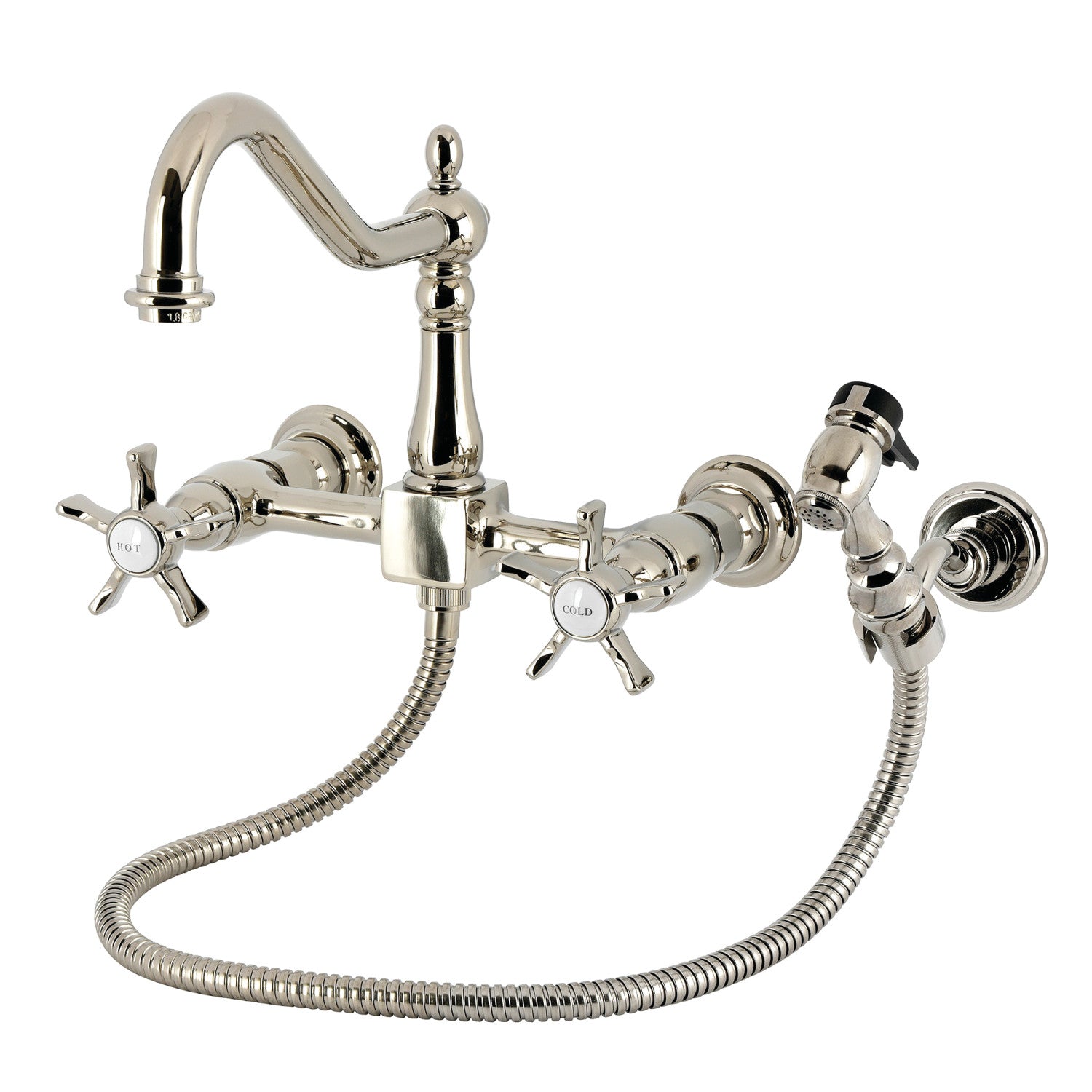 Kingston Heirloom KS1246NXBS - Hamilton Robinet de cuisine à deux poignées 3 trous Wall Mount Bridge avec pulvérisateur en laiton, nickel poli