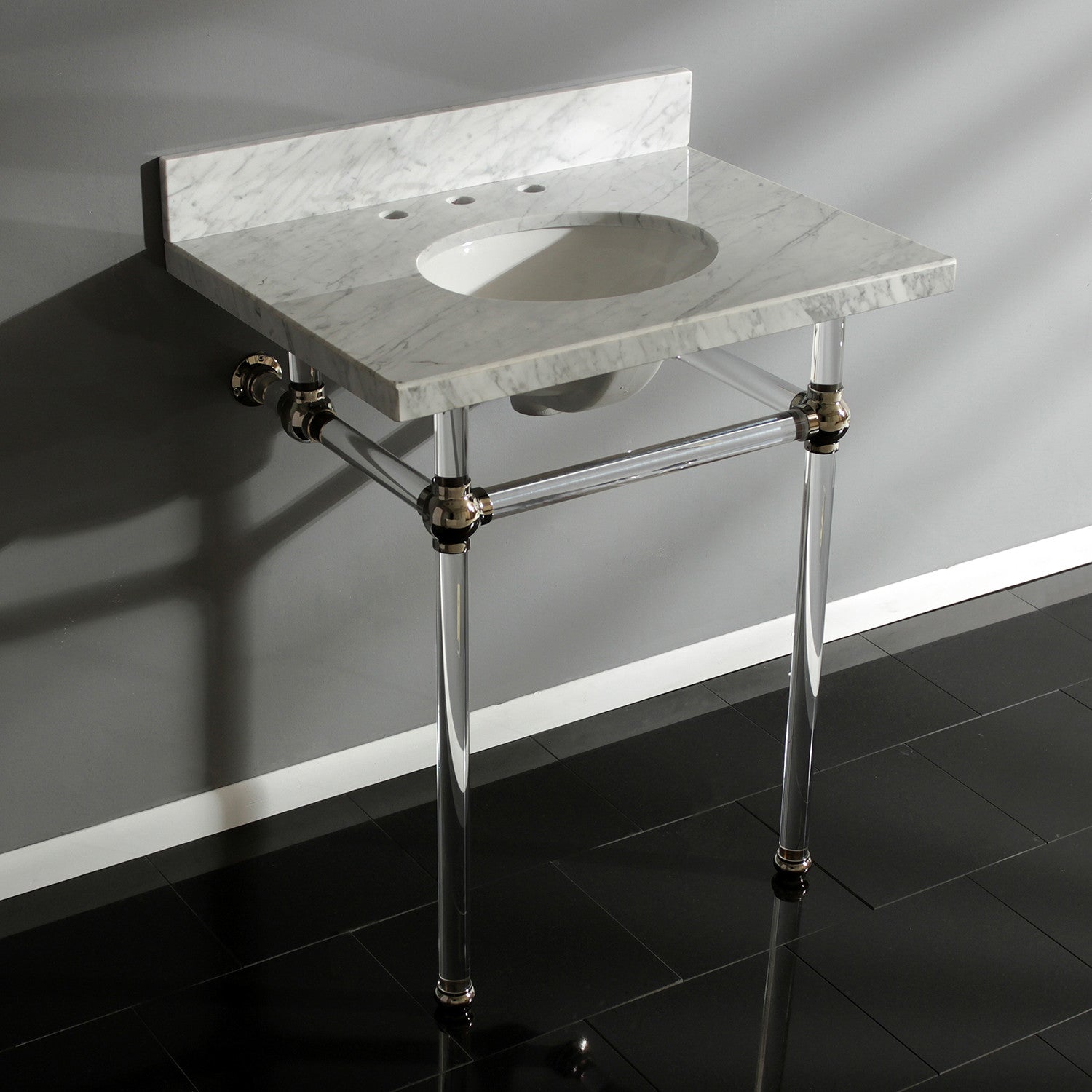 Kingston Tulare KVPB30MA6 - Templeton 30-Inch Carrara Marble Vanity Top with Acrylic Legs (8-Inch, 3-Hole), Carrara Marble White/Polished Nickel