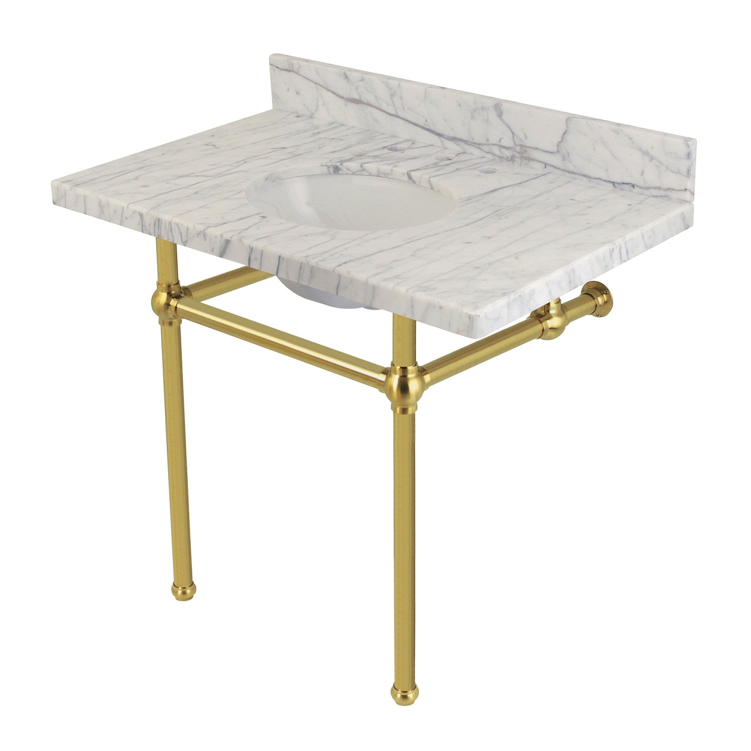Kingston Heirloom KVPB3630MB7 - Templeton 36-Inch Carrara Marble Vanity Top with Brass Legs (8-Inch, 3-Hole), Carrara Marble White/Brushed Brass