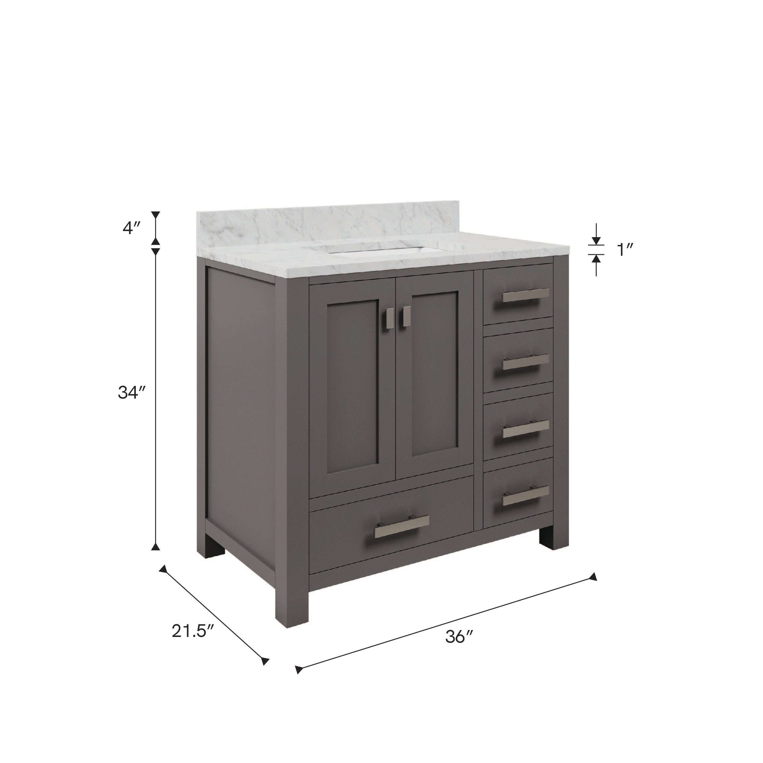 Kingston Luxe MS36CW01CG - 36 in. x 21.5 in. Bathroom Vanity Marble Top in Carrara White and White Basin, Gray