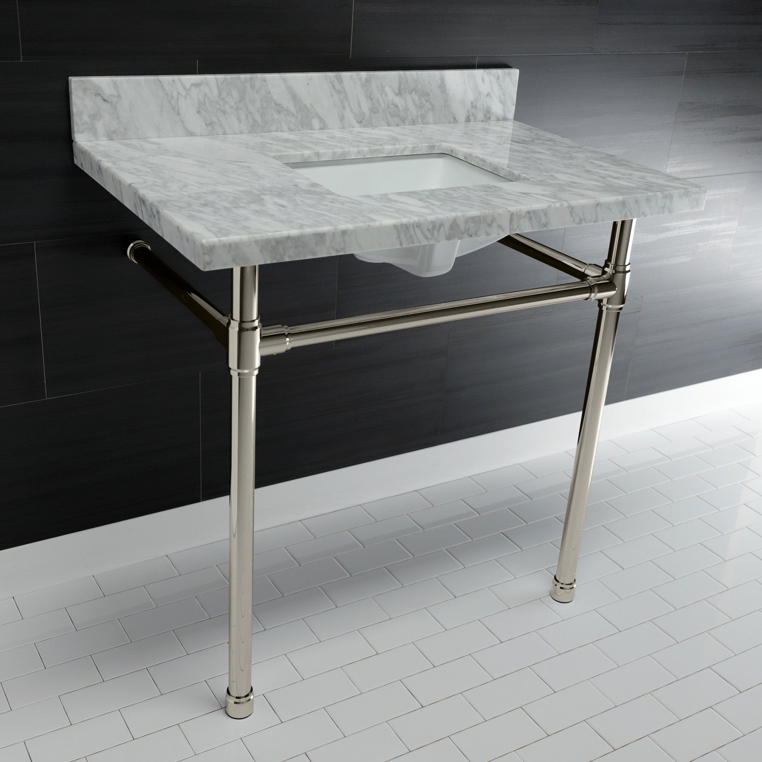 Kingston Tulare KVPB36M8SQ6ST - Dreyfuss 36-Inch Carrara Marble Vanity Top with Stainless Steel Legs (8-Inch, 3-Hole), Carrara Marble White/Polished Nickel