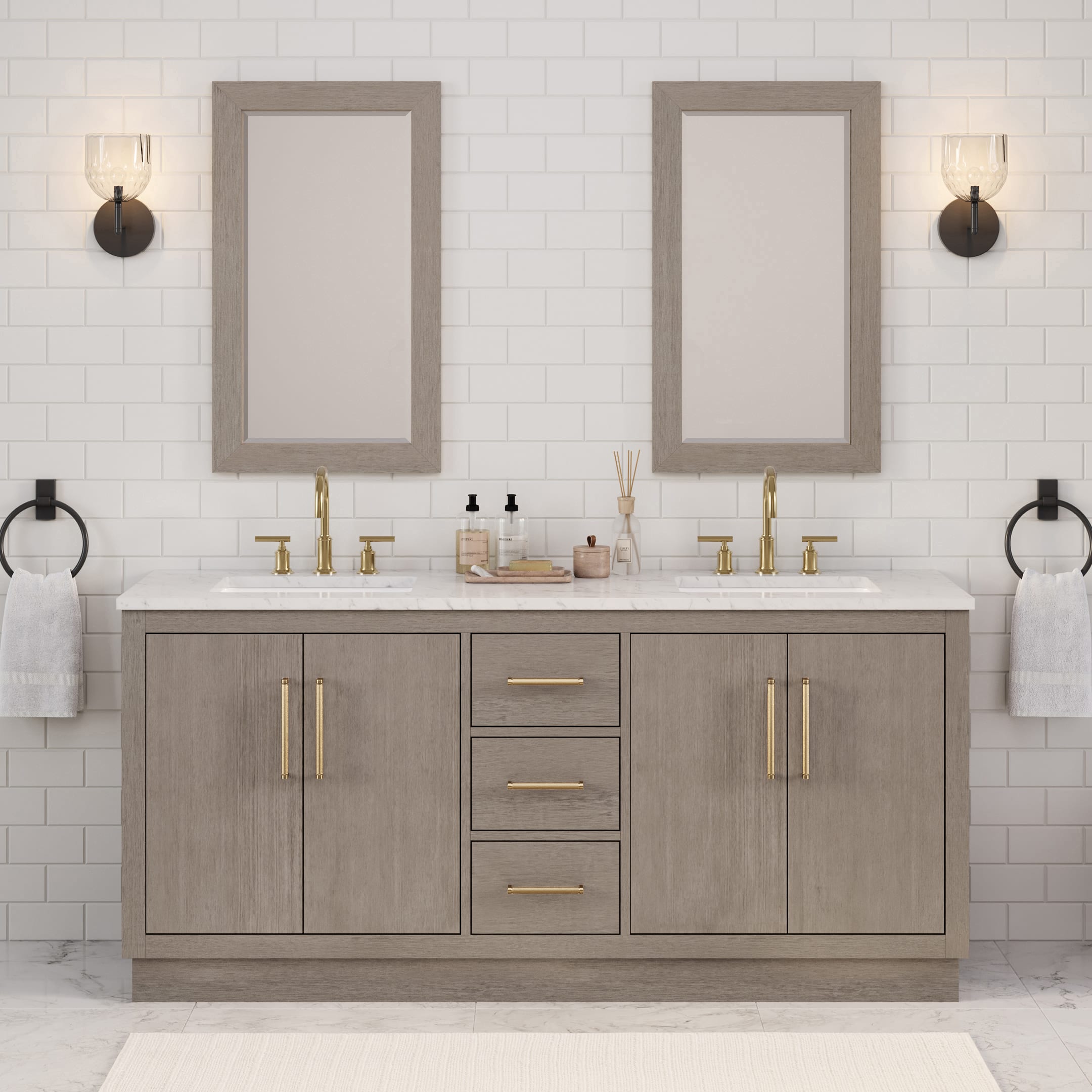 Kingston Luxe HU72CW06GK - 72 in. x 22 in. Bathroom Vanity Marble Top and White Basin, Grey Oak