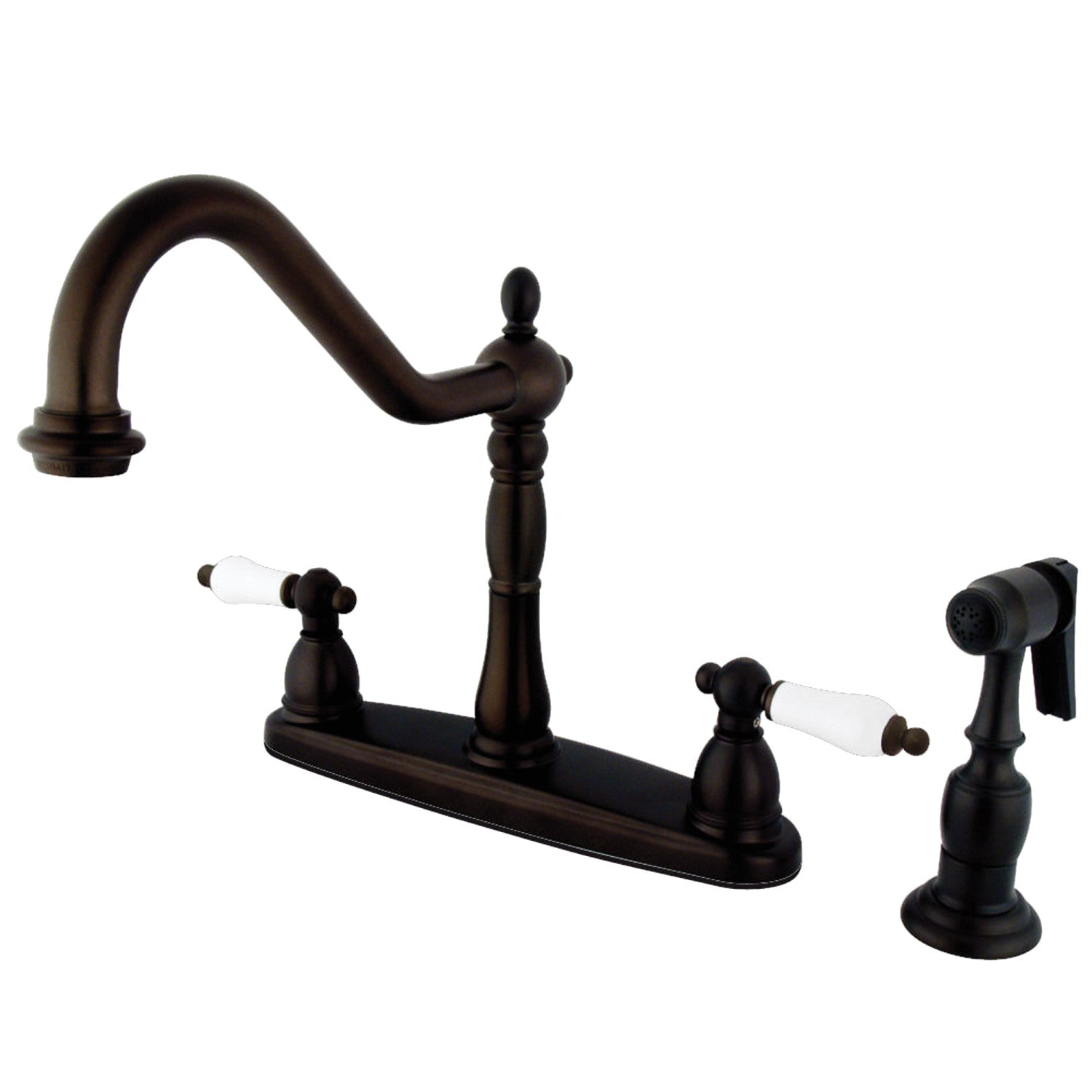 Kingston Heirloom KB1755PLBS - Robinet de cuisine central à deux poignées Heritage 4 trous 8" avec pulvérisateur en laiton, bronze huilé
