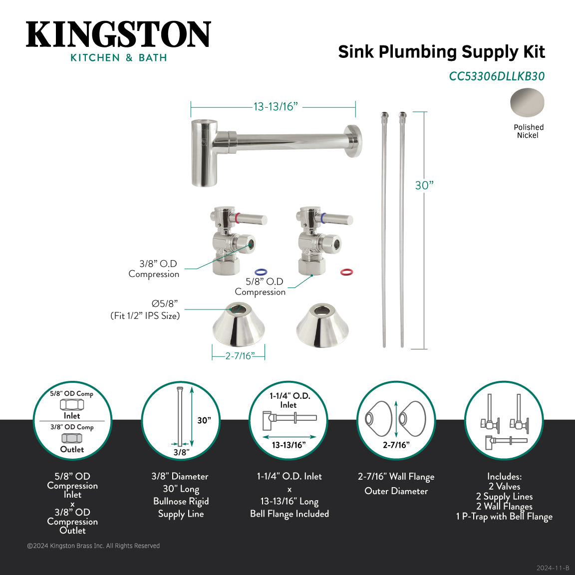 Kingston Sona CC53306DLLKB30 - Trimscape Modern Plumbing Sink Trim Kit with Bottle Trap, Polished Nickel