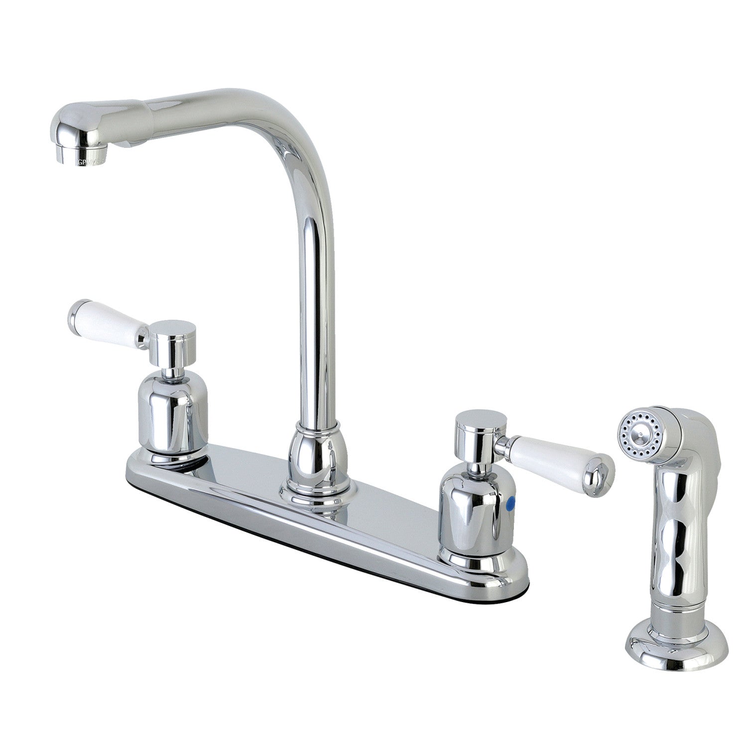 Kingston Tulare FB751DPLSP - Paris Robinet de cuisine à deux poignées 4 trous 8" avec pulvérisateur latéral, chrome poli