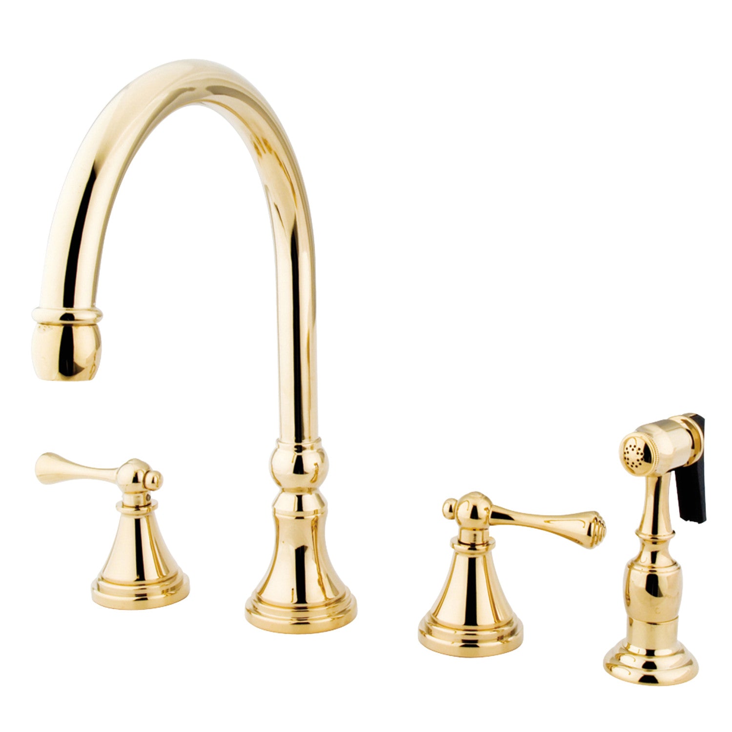 Kingston Tulare KS2792BLBS - Robinet de cuisine à double poignée 4 trous avec pulvérisateur en laiton, laiton poli