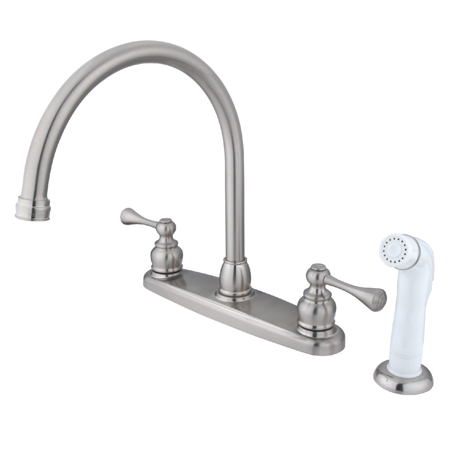 Kingston Tulare KB728BL - Robinet de cuisine à deux poignées vintage 4 trous 8" avec pulvérisateur latéral, nickel brossé