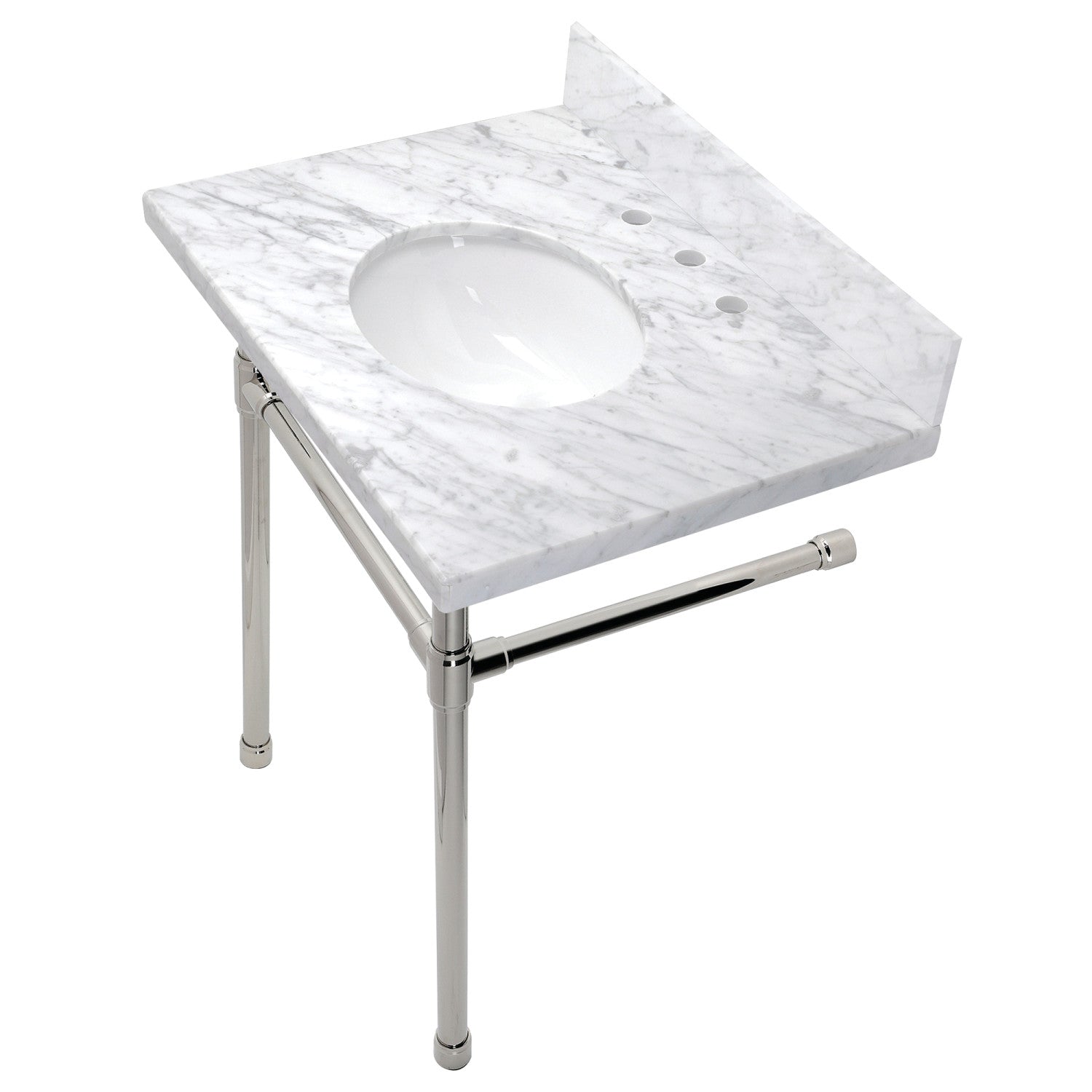Kingston Tulare KVPB30M86ST - Dreyfuss 30-Inch Carrara Marble Vanity Top with Stainless Steel Legs (8-Inch, 3-Hole), Carrara Marble White/Polished Nickel