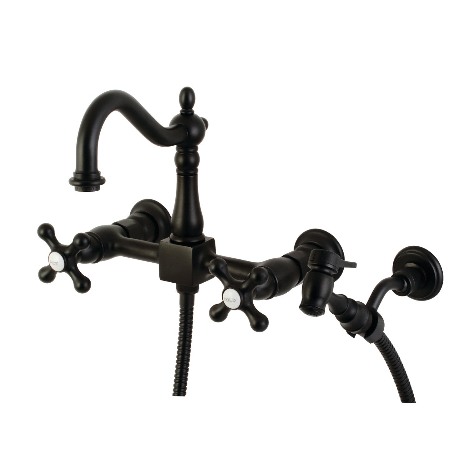 Kingston Heirloom KS1260AXBS - Robinet de cuisine à deux poignées Heritage 3 trous Wall Mount Bridge avec pulvérisateur en laiton, noir mat