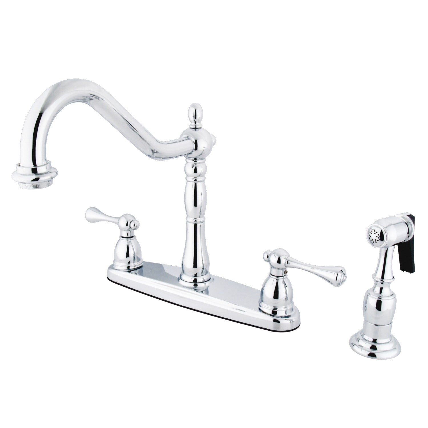 Kingston Heirloom KB7751BLBS - Robinet de cuisine à deux poignées vintage anglais 4 trous 8" avec pulvérisateur en laiton, chrome poli