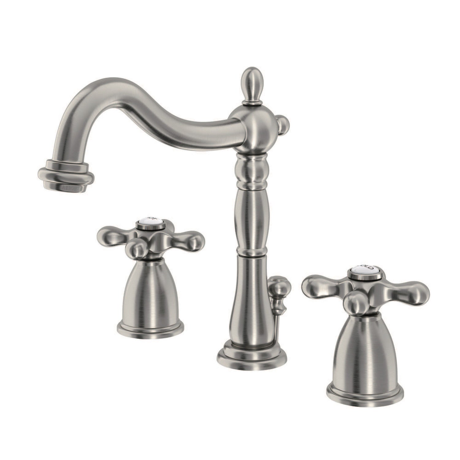 Kingston Heirloom KB1978AX - Heritage Two-Handle 3-Hole Deck Mount Widespread Bathroom Faucet with Pop-Up Drain, Brushed Nickel