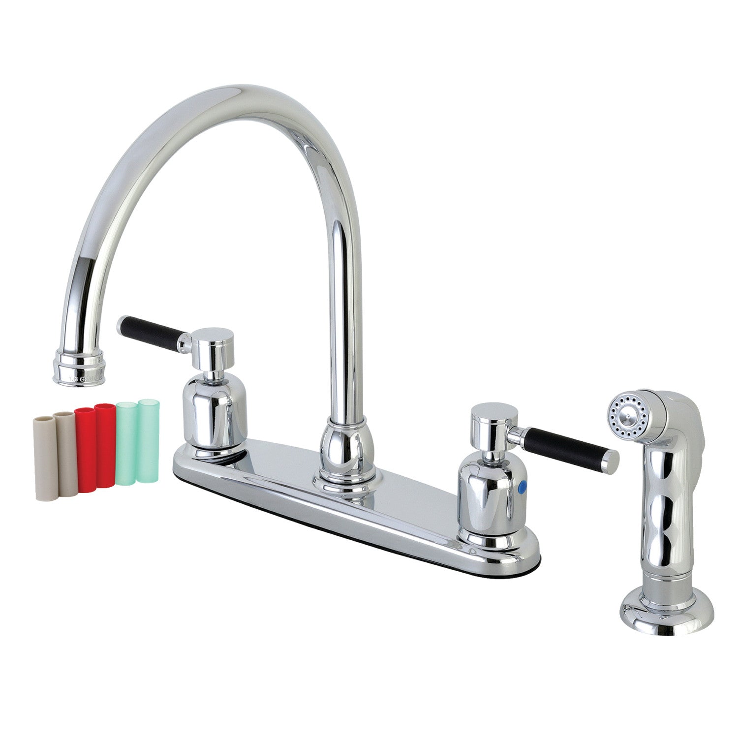 Kingston Tulare FB791DKLSP - Robinet de cuisine central à deux poignées Kaiser 4 trous 8" avec pulvérisateur latéral, chrome poli