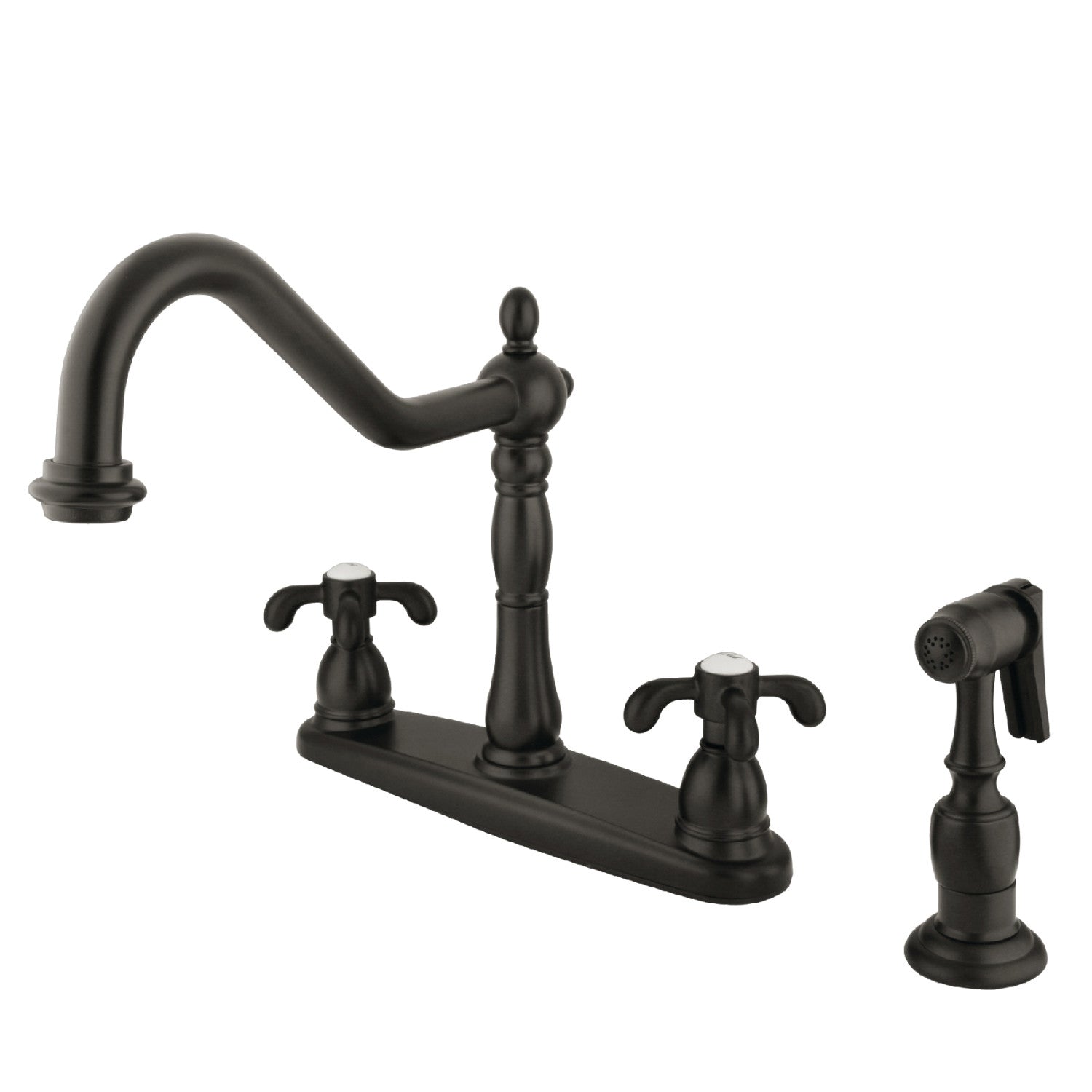 Kingston Heirloom KB1755TXBS - Robinet de cuisine à deux poignées 4 trous 8" avec pulvérisateur en laiton, bronze frotté à l'huile