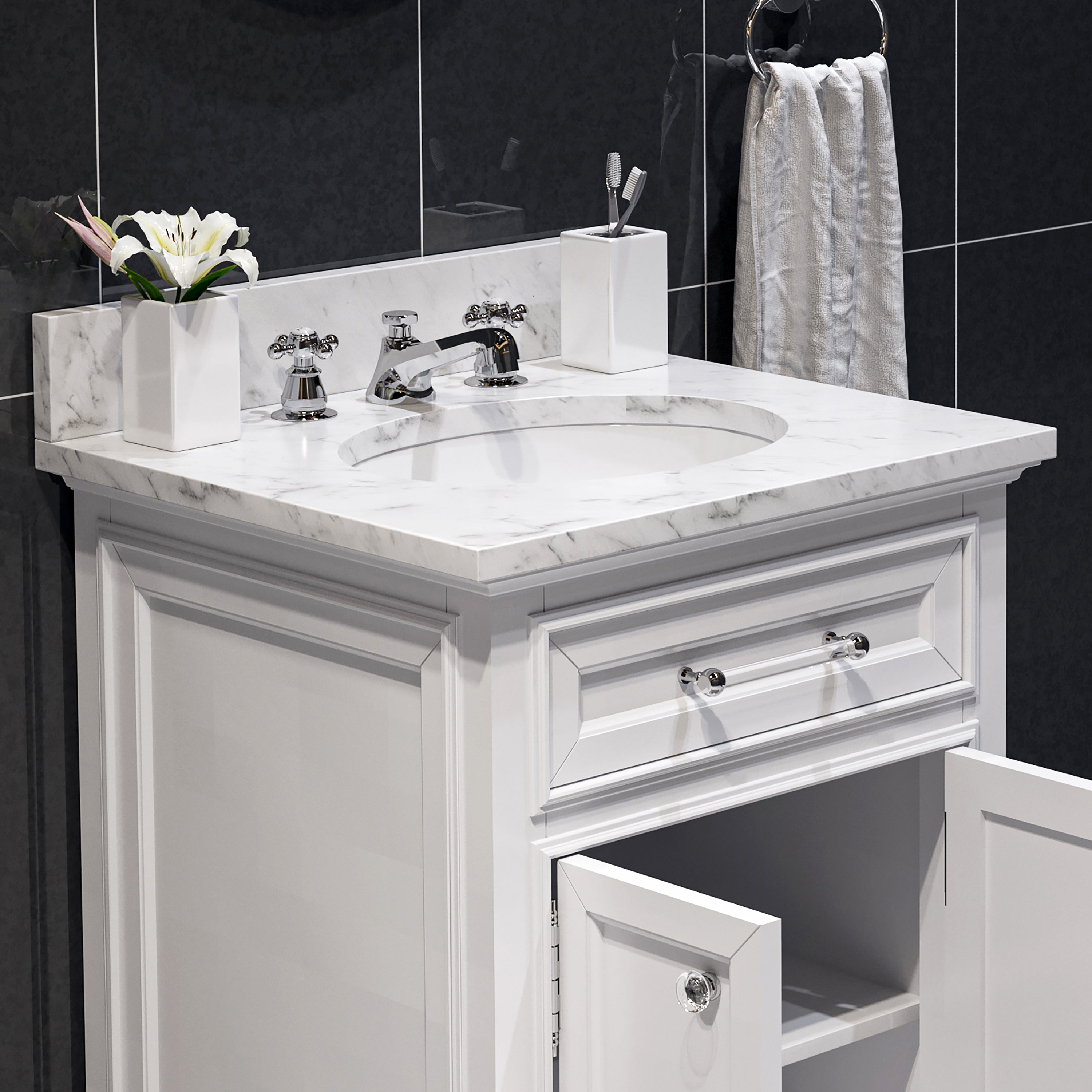 Kingston Luxe DE24CW01PW - 24 in. x 22 in. Bathroom Vanity Marble Top and White Basin, White