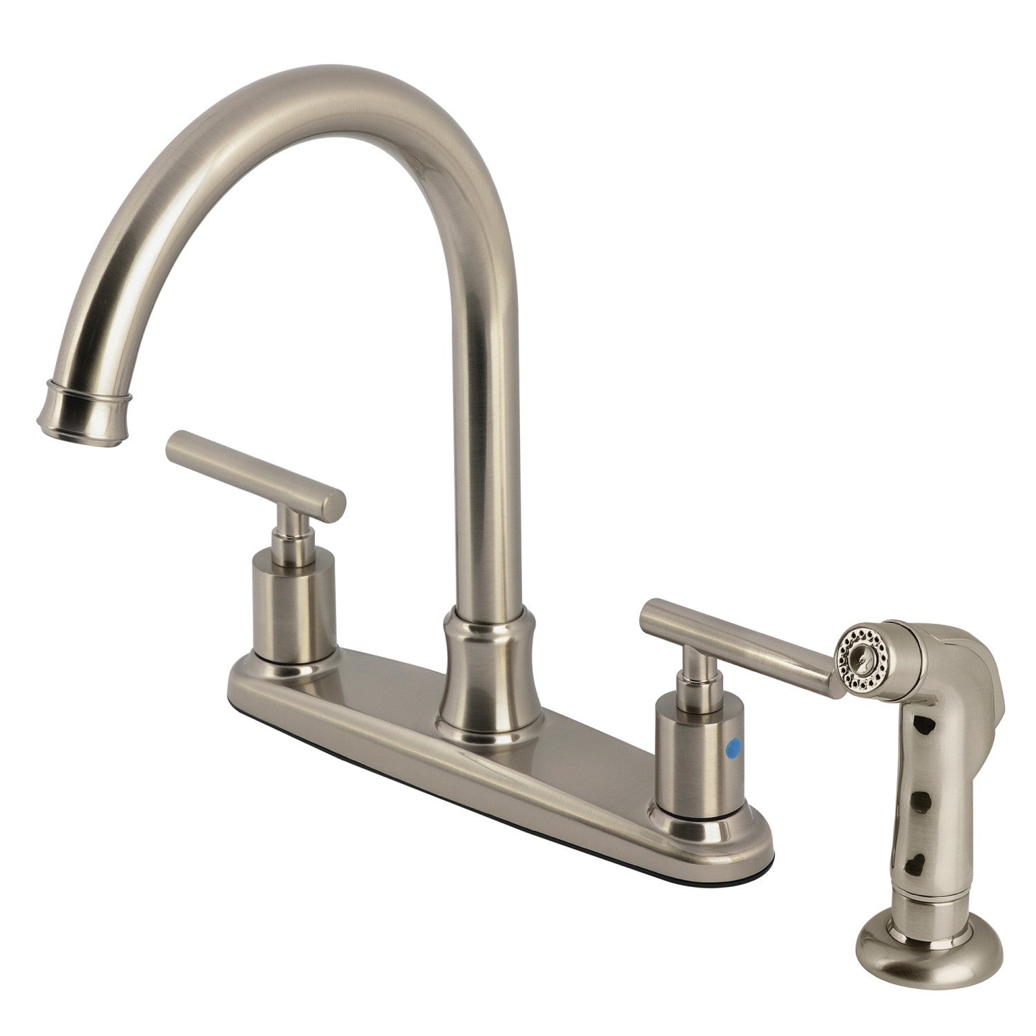Kingston Tulare FB7798CMLSP - Robinet de cuisine à deux poignées 4 trous 8" avec pulvérisateur latéral, nickel brossé