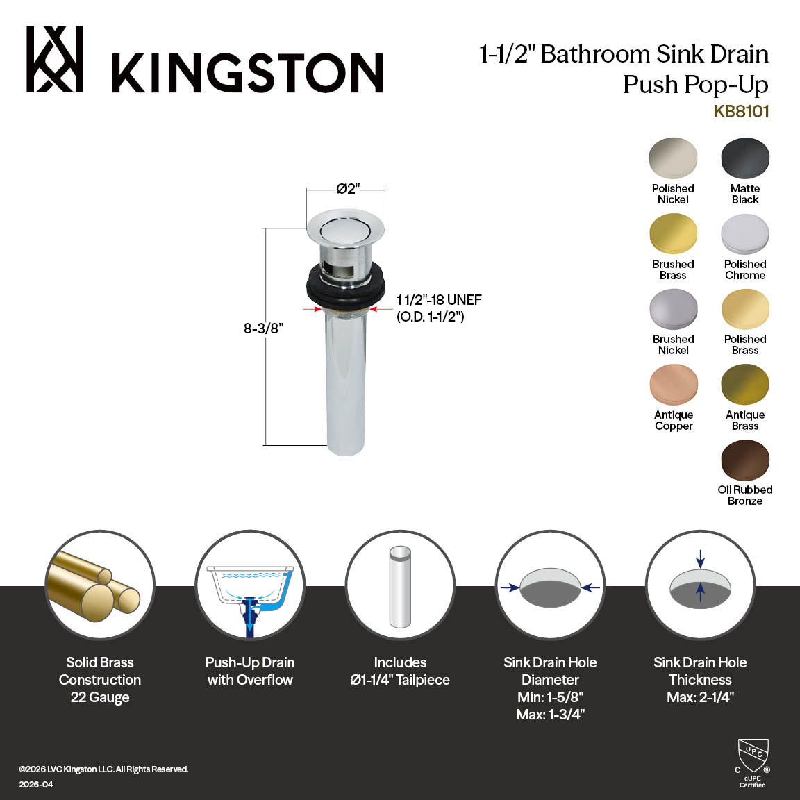 Kingston Trimscape KB8106 Brass Push Pop-Up Bathroom Sink Drain with Overflow, 22 Gauge, Polished Nickel