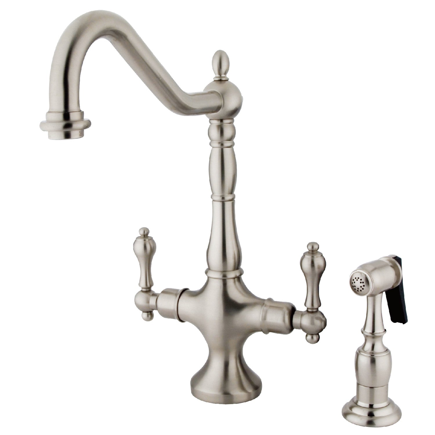 Kingston Heirloom KS1778ALBS - Heritage Two-Handle 2-Hole Kitchen Faucet with Brass Sprayer, Brushed Nickel