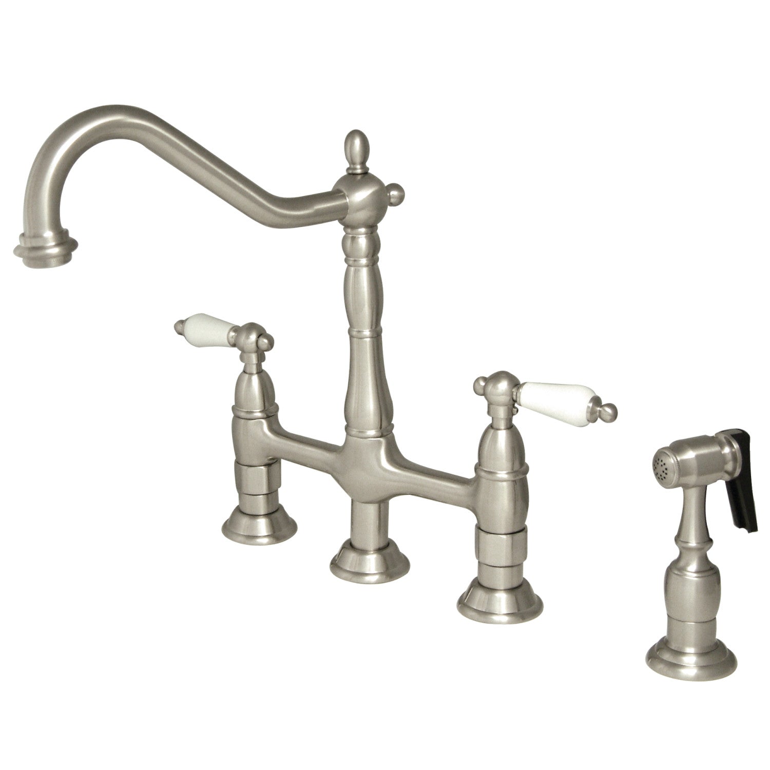 Kingston Heirloom KS1278PLBS - Robinet de cuisine à deux poignées Heritage 4 trous montage sur plage Bridge avec pulvérisateur en laiton, nickel brossé