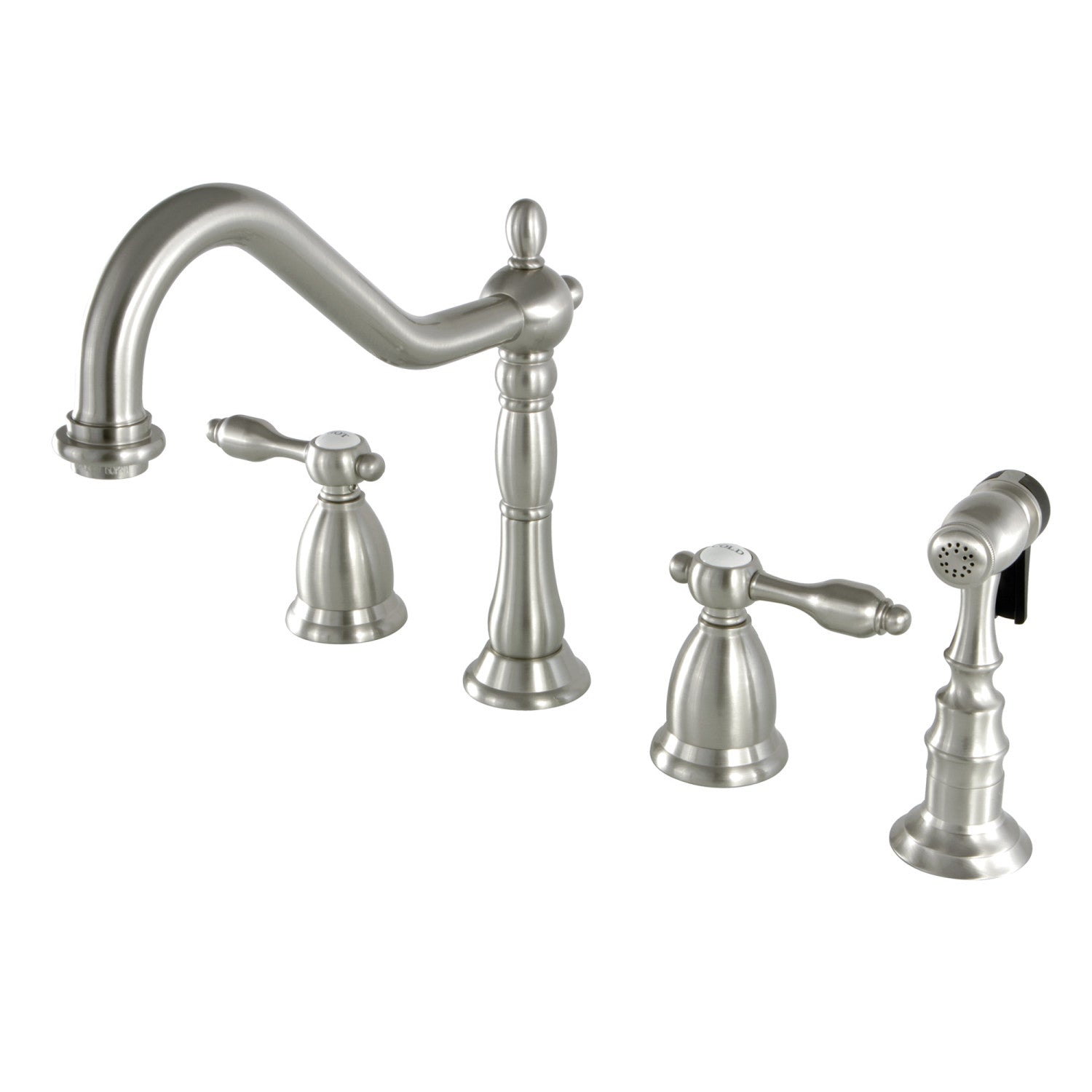 Kingston Heirloom KS1798TALBS - Robinet de cuisine à double poignée Tudor 4 trous avec pulvérisateur en laiton, nickel brossé