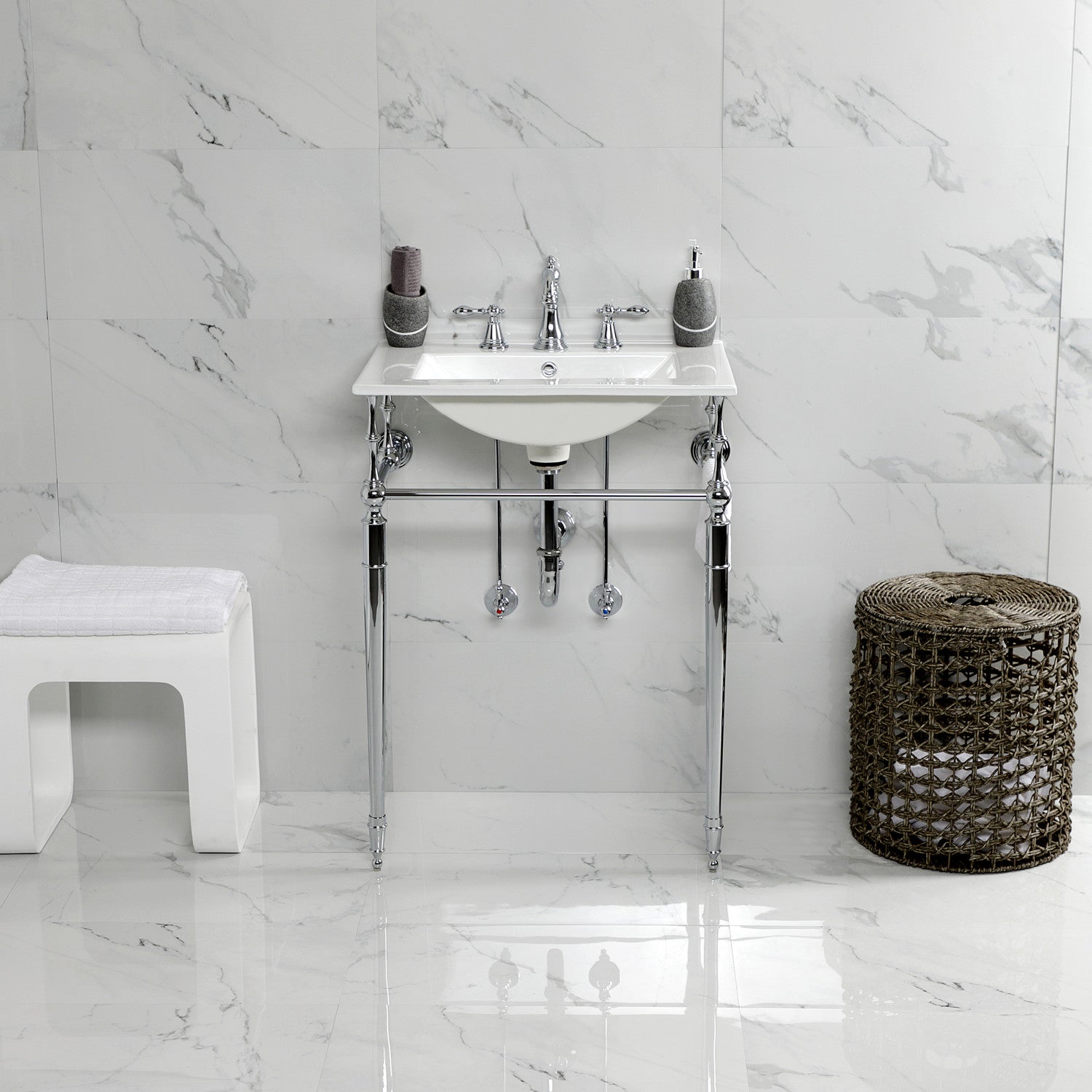 Kingston Heirloom KVPB24187W8CP - Edwardian 24-Inch Ceramic Console Sink with Brass Legs (8-Inch, 3-Hole), White/Polished Chrome
