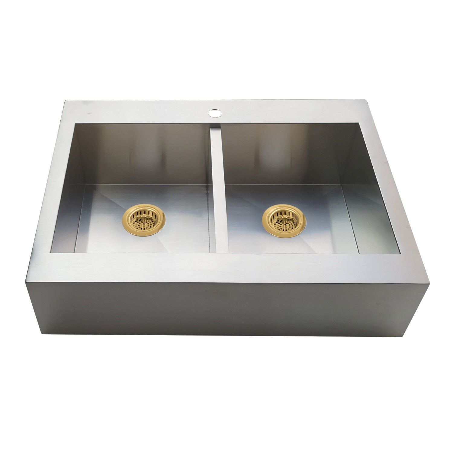 Kingston Sona KGKTDF3624917 - Edinburg 36-Inch Stainless Steel Apron-Front Double Bowl Farmhouse Kitchen Sink (1-Hole) with Strainer, Brushed Stainless Steel/Brushed Brass
