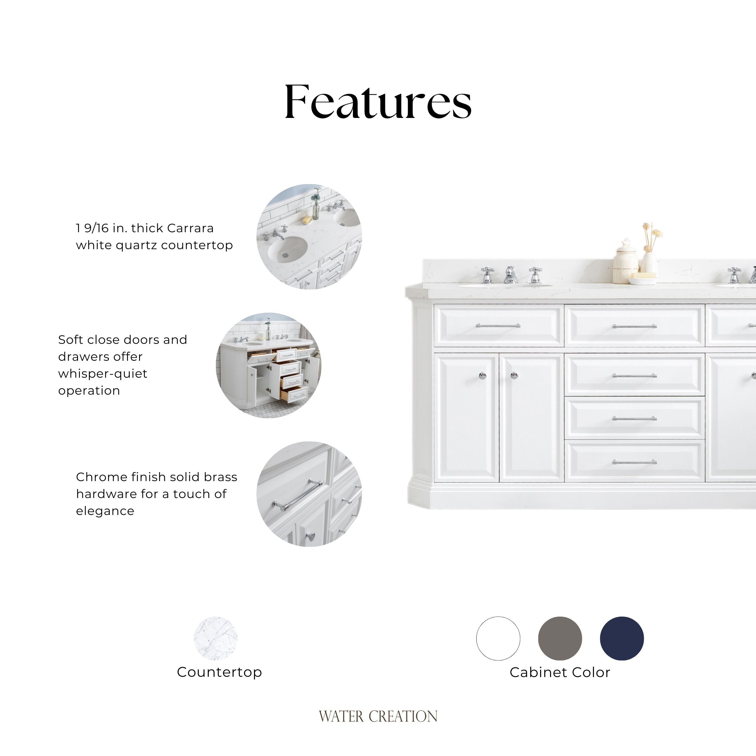 Kingston Luxe PA72QZ01PW - 72 in. x 22 in. Bathroom Vanity Quartz Top and White Basin, Pure White