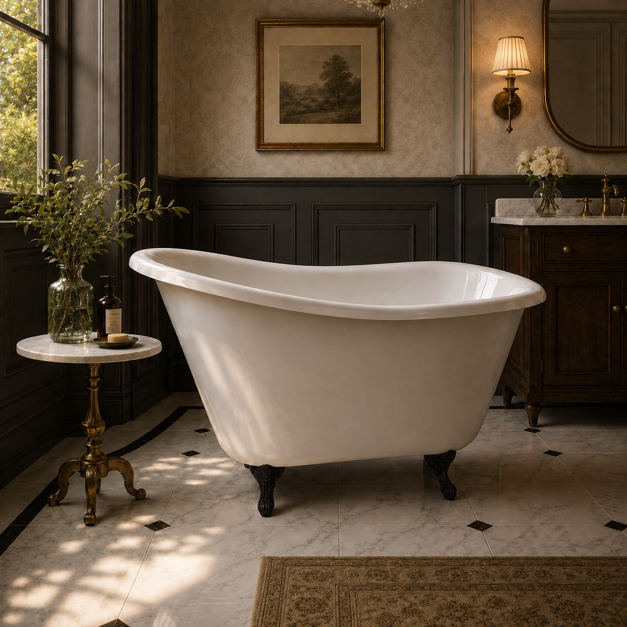 Kingston Heirloom VCTND5130NT0 - Tazatina 51-Inch Cast Iron Classic Flat-Rim Single Slipper Clawfoot Tub (Sans perçage de robinet), Blanc/Noir mat