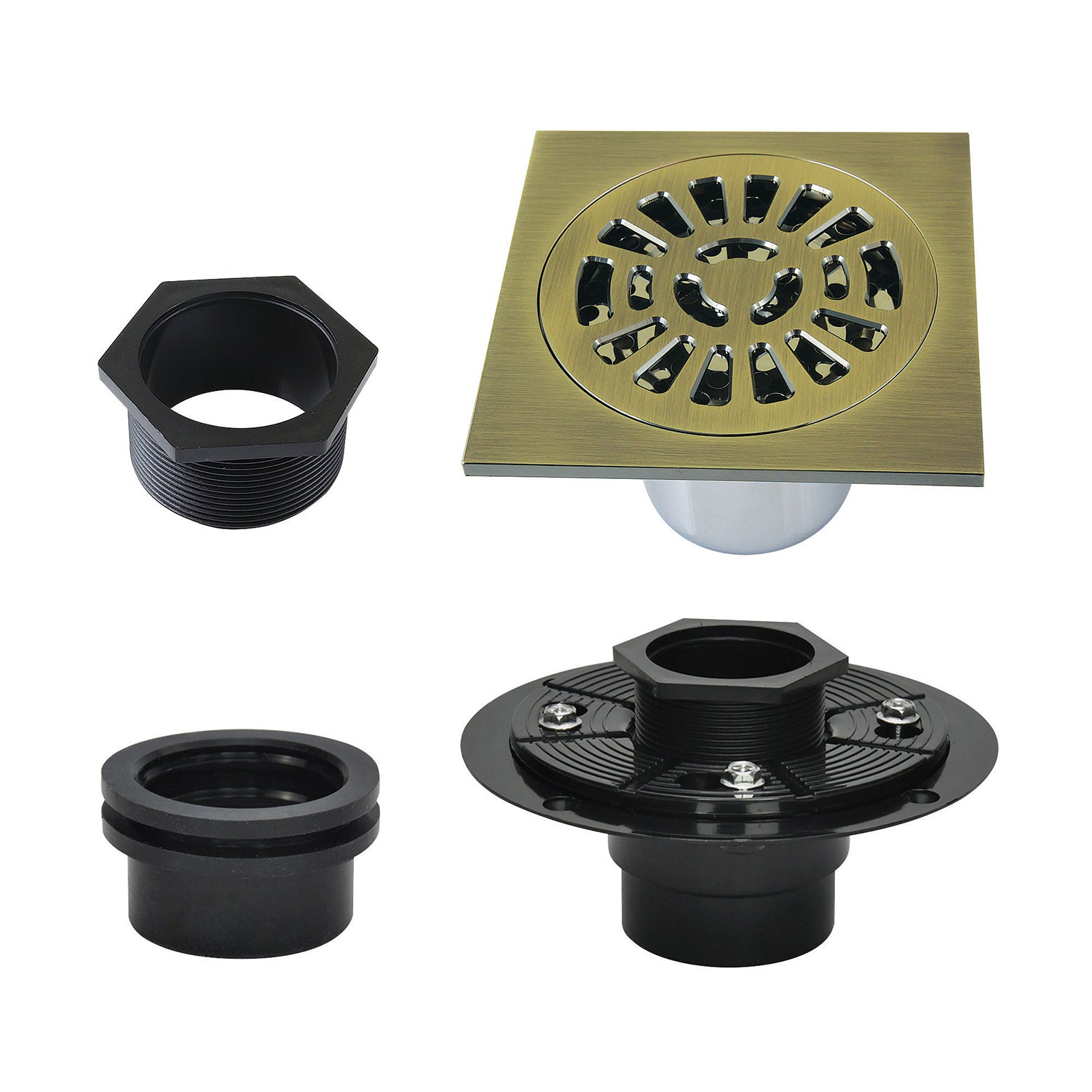 Kingston Watercourse BSFK4267AB 4-Inch Brass Square Grid Shower Drain with Flange, Antique Brass