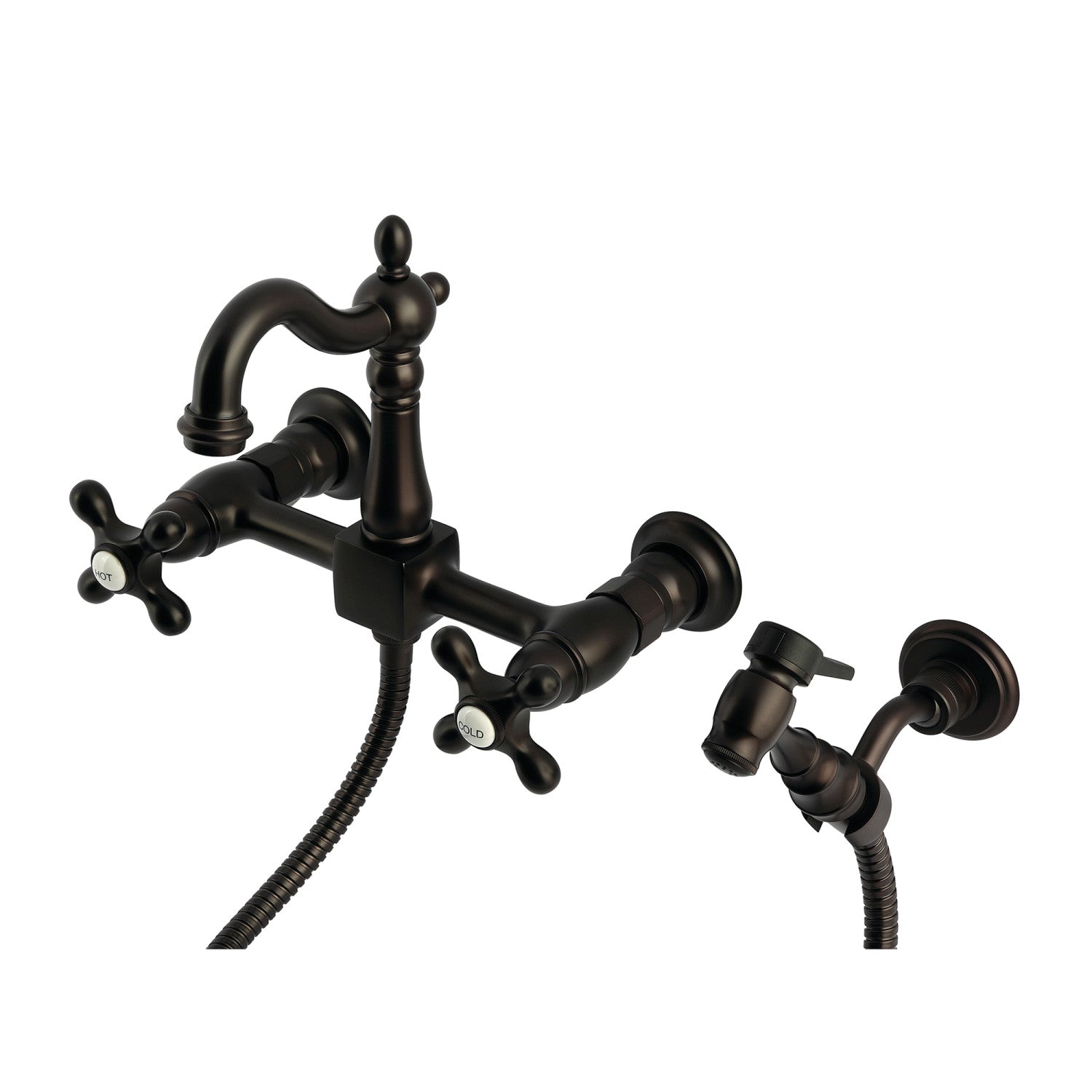 Kingston Heirloom KS2445AXBS - Robinet de cuisine à deux poignées Heritage 3 trous Wall Mount Bridge avec pulvérisateur en laiton, bronze à l'huile