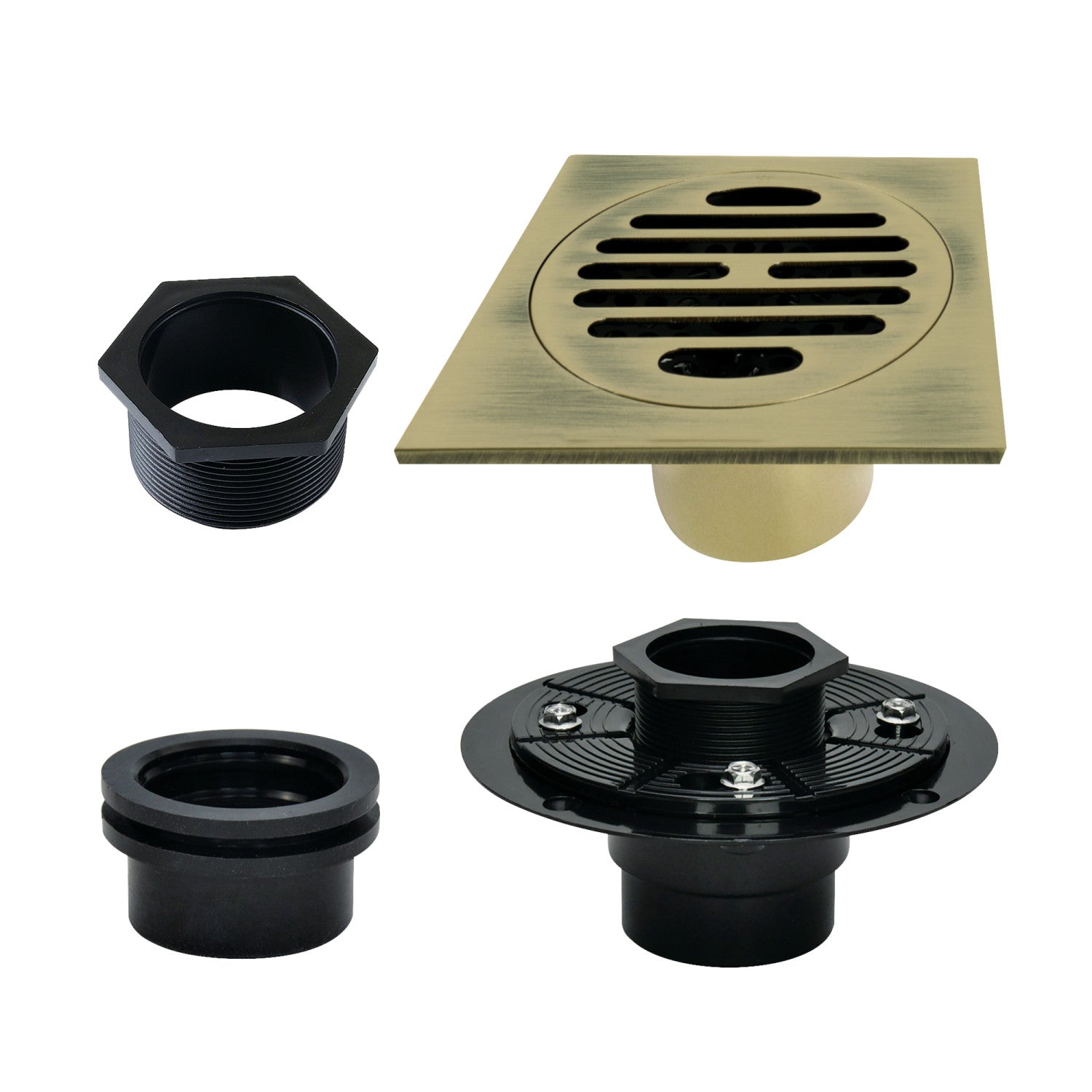Kingston Watercourse BSFK4262AB 4-Inch Brass Square Grid Shower Drain with Hair Strainer and Base Flange, Antique Brass