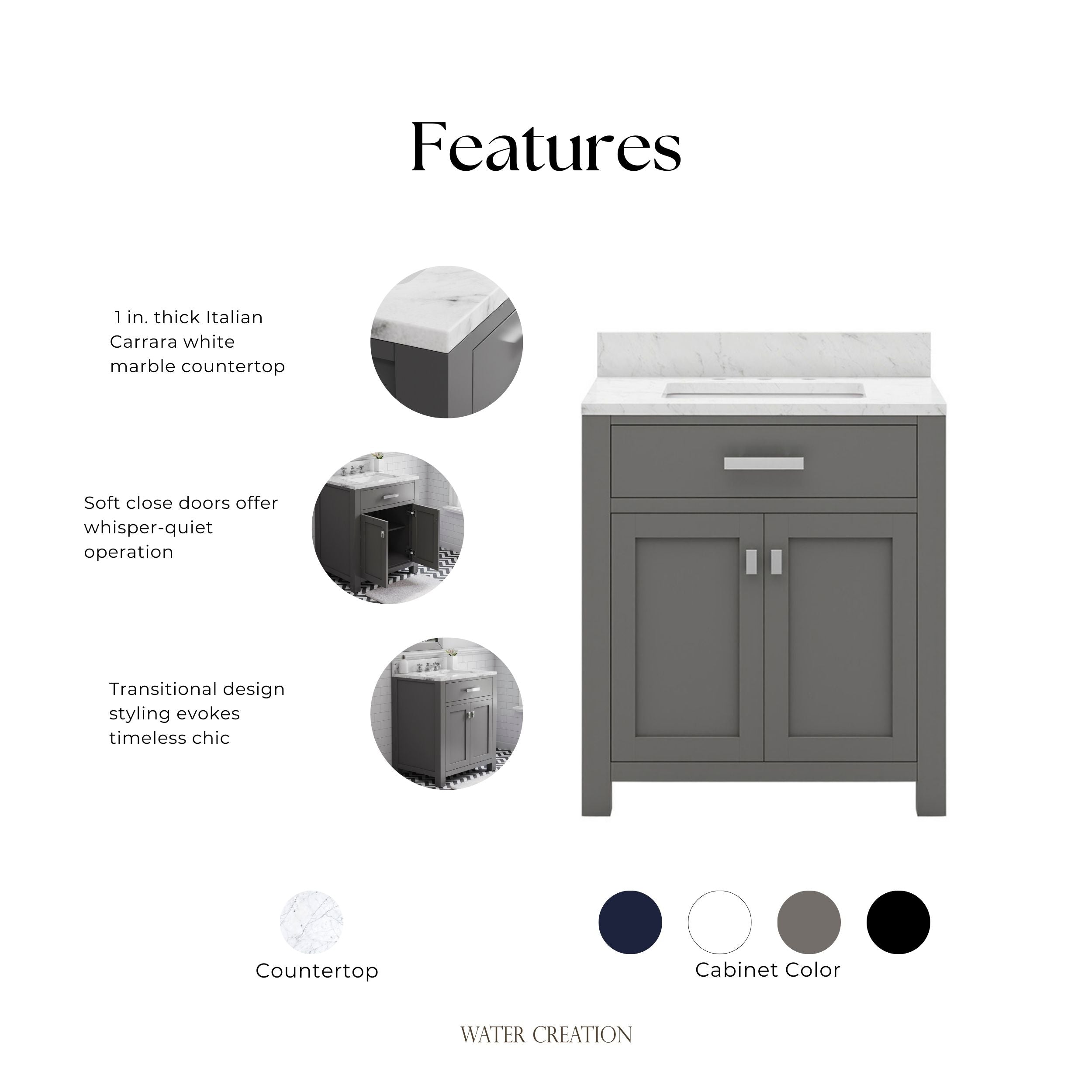 Kingston Luxe MS30CW01CG - 30 in. x 21 in. Bathroom Vanity Marble Top in Carrara White, Cashmere Grey