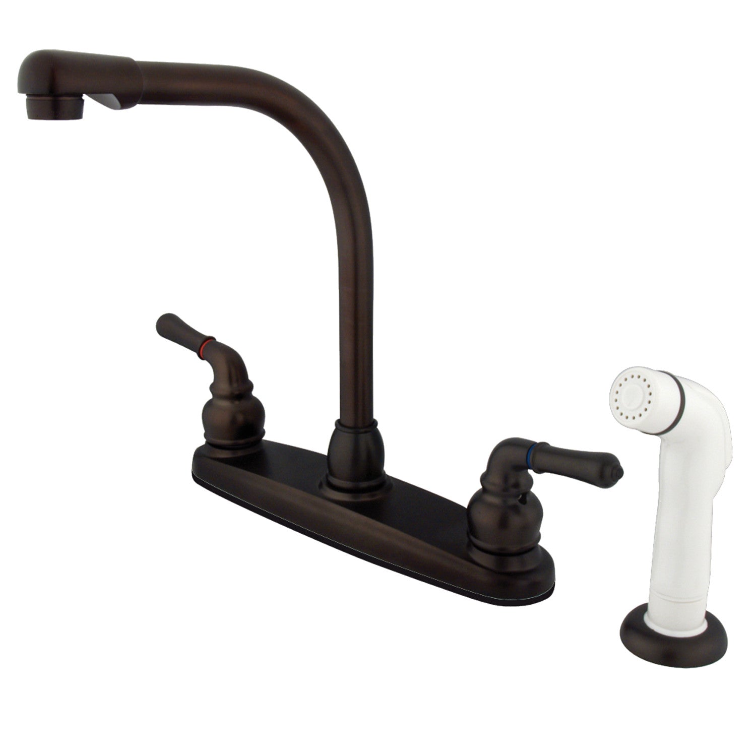 Kingston Tulare KB755 - Robinet de cuisine à deux poignées Magellan 4 trous 8" avec pulvérisateur latéral, bronze frotté à l'huile