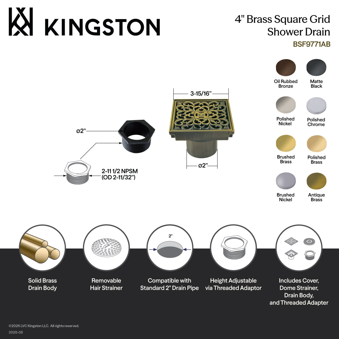 Kingston Watercourse BSF9771AB 4-Inch Brass Square Grid Shower Drain with Hair Strainer, Antique Brass